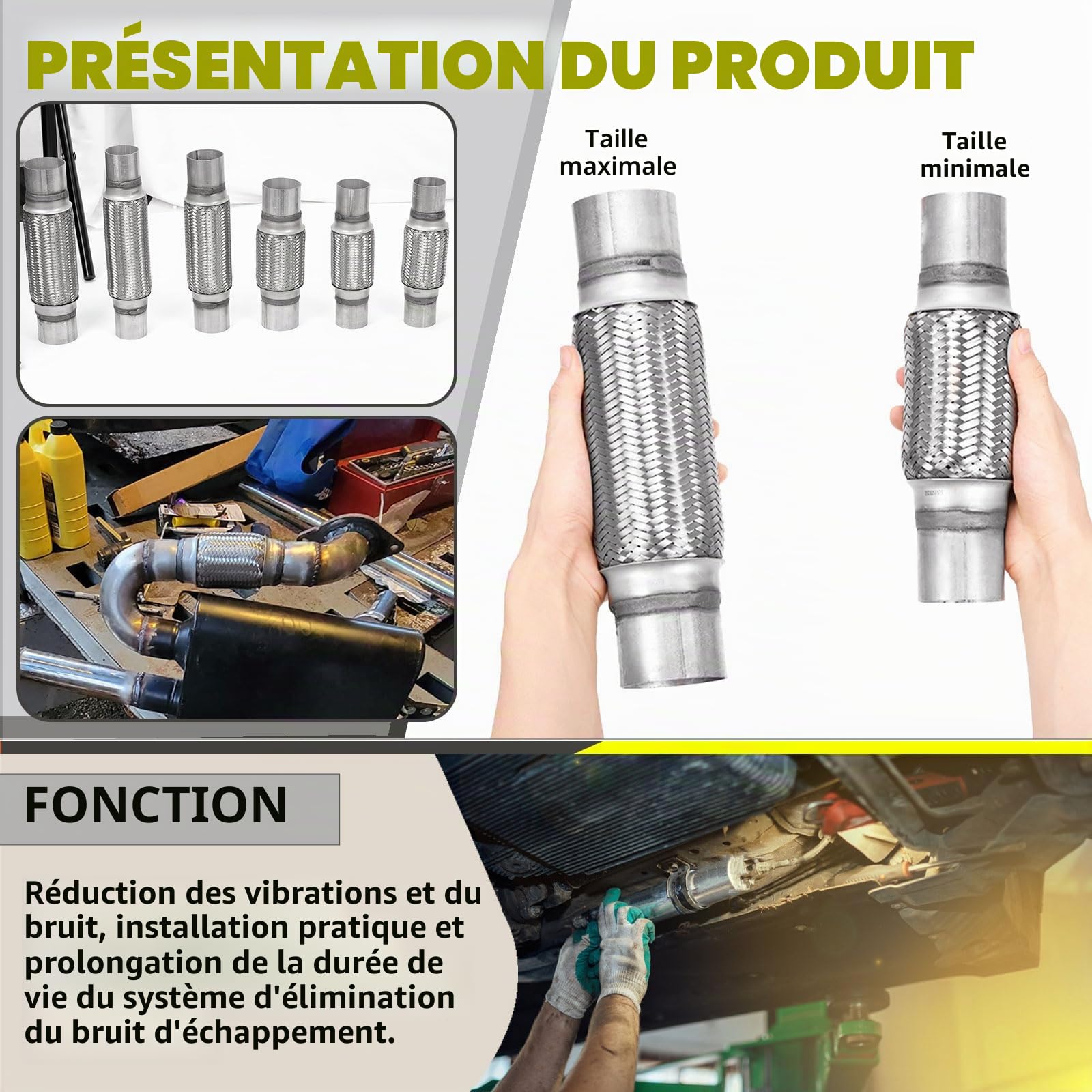 Lot de 3 tuyaux d'échappement flexibles en acier inoxydable - Double tresse - Colliers de serrage en U - Pour voitures, camions, bus (6,3 x 15,2 x 25,4 cm)