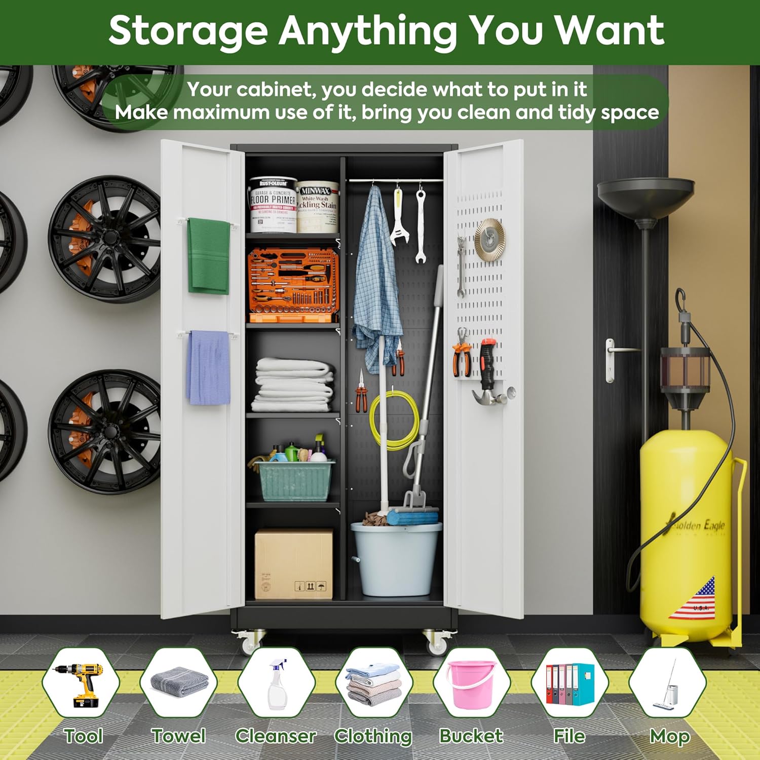 Broom Closet Storage Cabinet with Wheels and Pegboard,Metal Garage Storage Cabinet with Doors and Adjustable Shelves for Garage Home,Required Assembly,Black and White