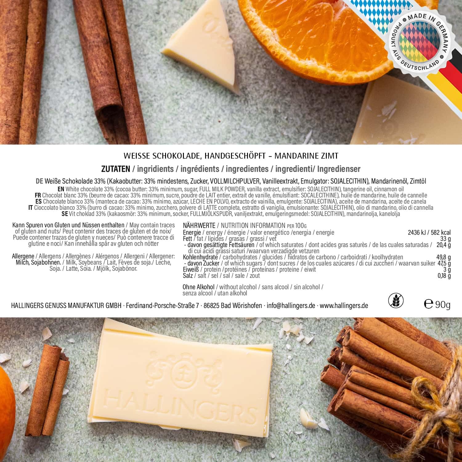 Hallingers Genuss Manufaktur Weiße Schokolade Weihnachts-Geschenk - Tafel handgeschöpfter Edelkakao ohne Alkohol edler Karton 10x "Der Nikolaus wa..." Mandarine-Zimt, Weihnachten für Frauen Männer