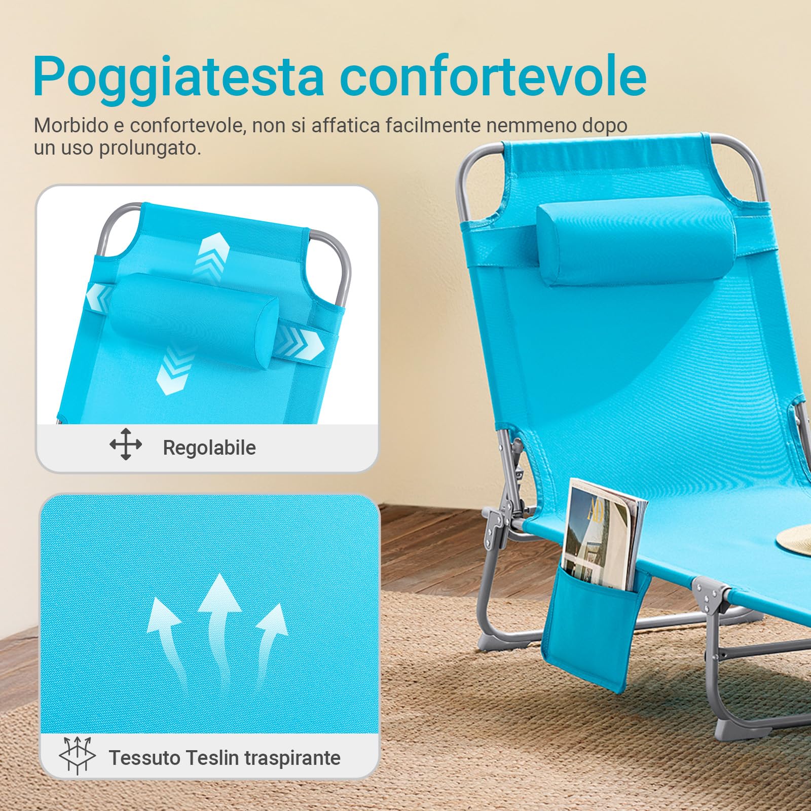 SoBuy OGS35-B Leżak Plażowy Leżak Plażowy Ogrodowy Składane z Poduszką i Boczną Torbą niebieski