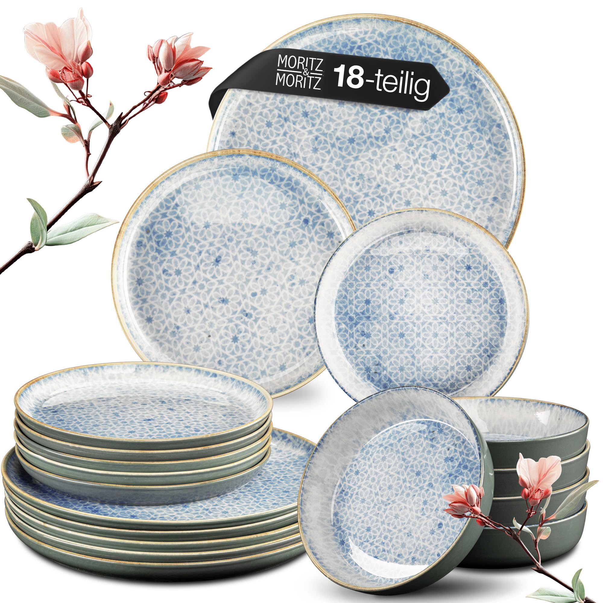 Moritz & Moritz TERRA 18-tlg Geschirrset 6 Personen - Teller Set in strahlendem Azurblau aus hochwertigem Porzellan - Geschirr Set 6 Personen aus je 6x Speiseteller, Dessertteller und Schalen