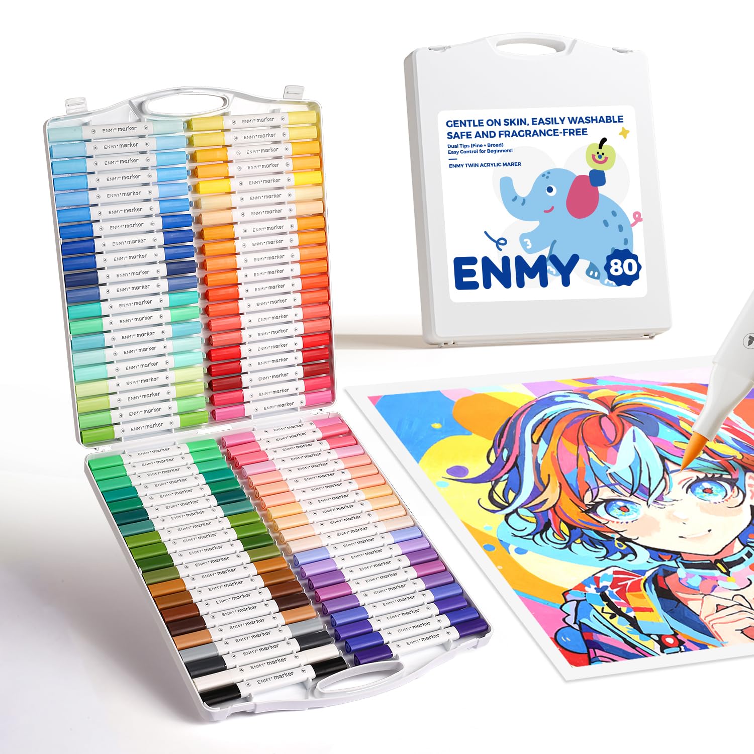 ENMY 80 Colours Acrylic Markers, Dual Tip Fine and Brush Paint Pens for Artists, Anime Drawing, Illustration, Rock Painting, Wood, Canvas, Glass and DIY Crafts with Case
