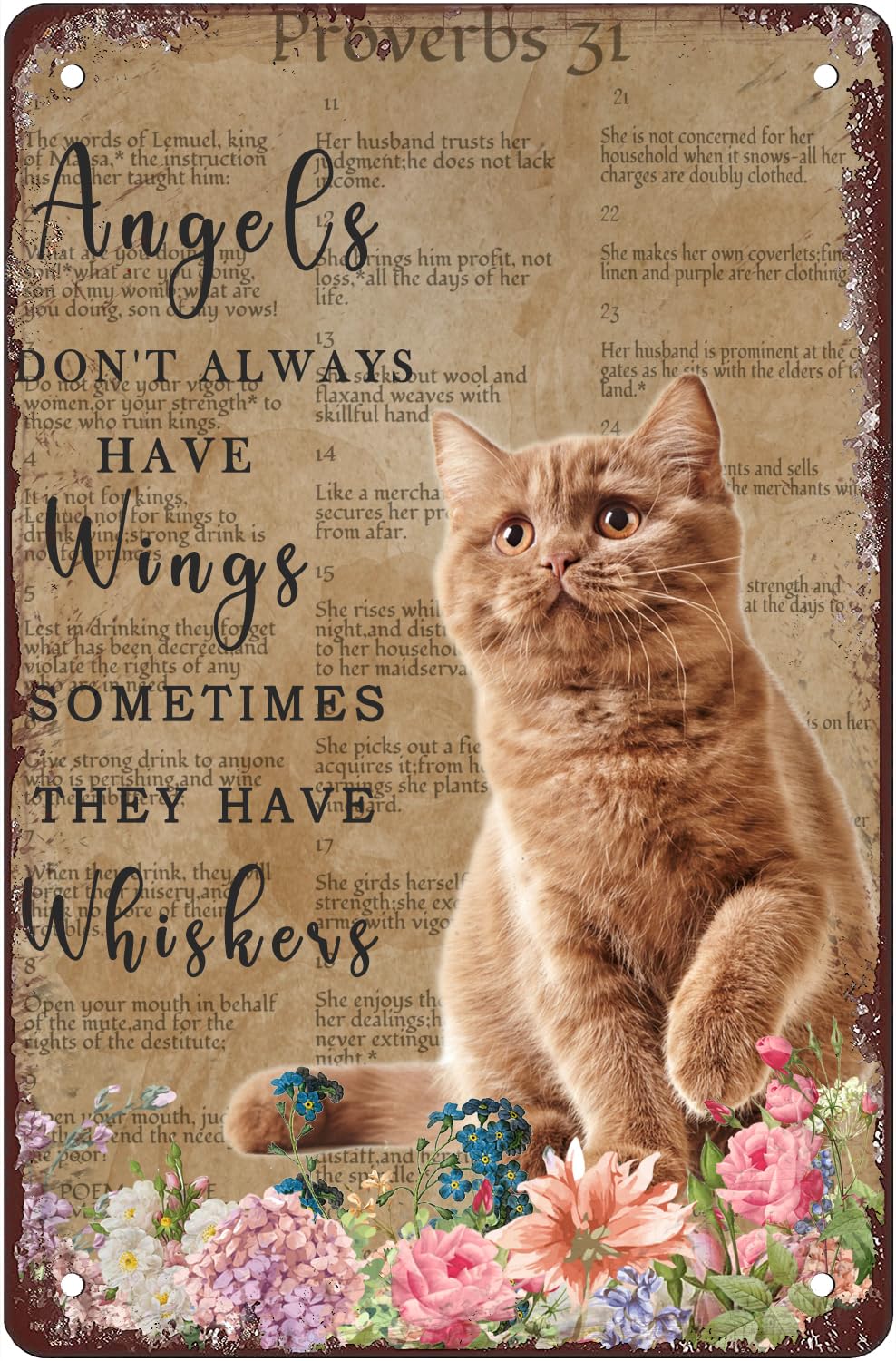 Metal Tin Sign Angels Don't Always Have Wings Sometimes They Have Whiskers Vintage Floral Cat Lovers Gift Vintage Plaque Man Cave Bar Pub Club Home Wall Decor Gift For Women 8x12 Inch