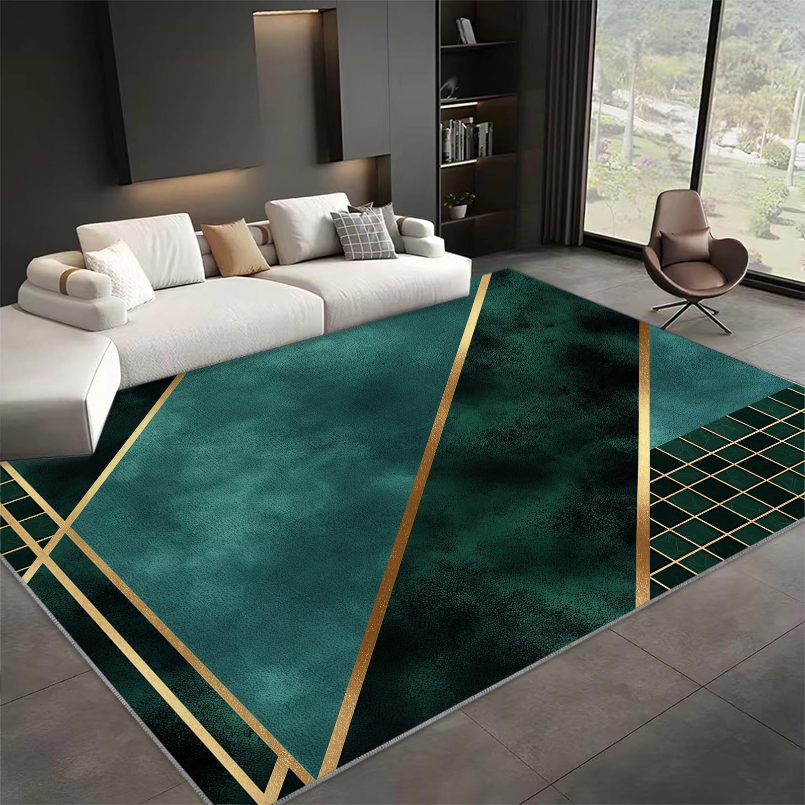 Teppich Grüne Geometrie 120x180 cm Wohnzimmer Teppich Schlafzimmer Teppich Modern Waschbarer Kurzflor Teppiche rutschfest Flauschig Weiche Teppiche