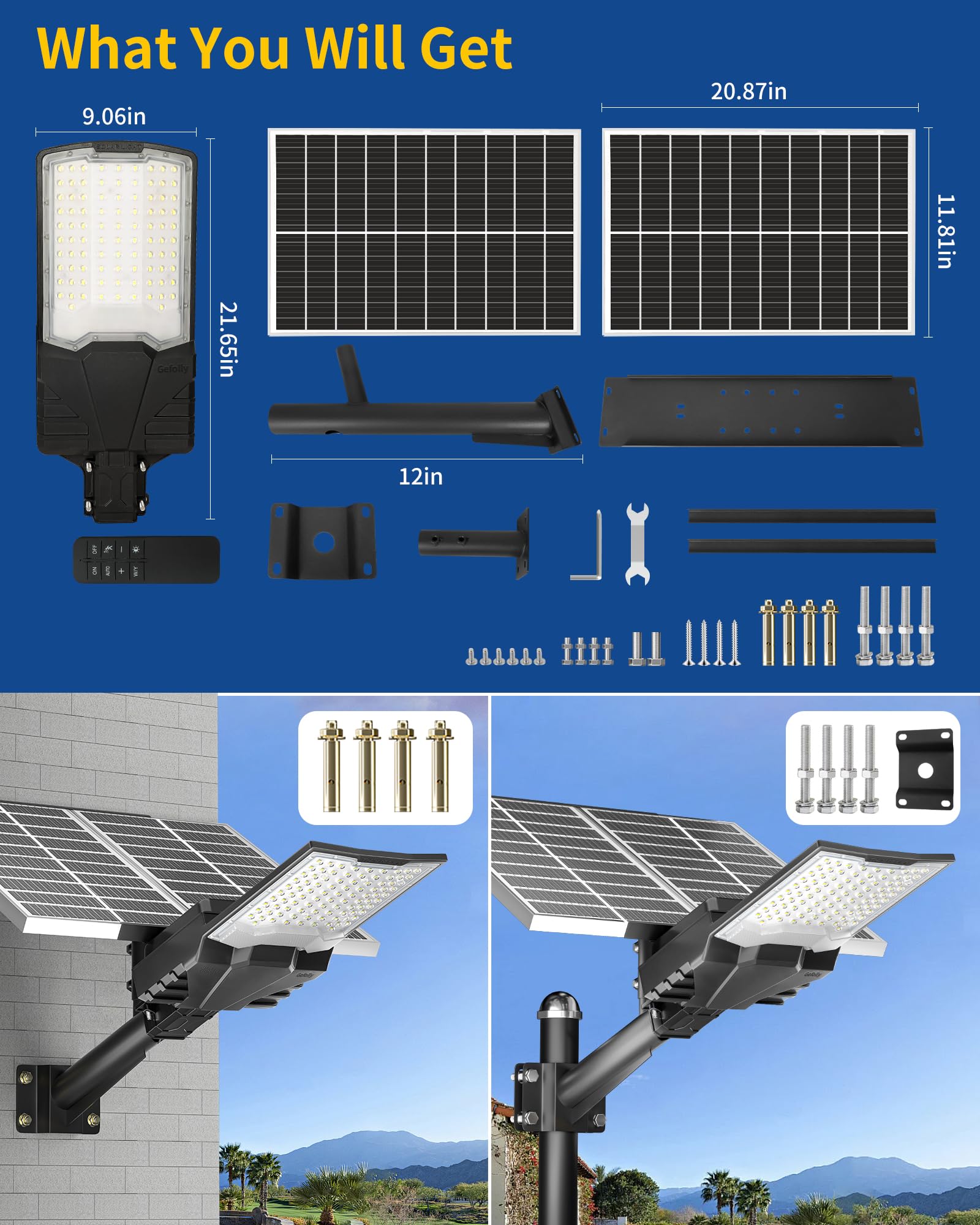 Gefolly SL-9000W Farolas Solares Exteriores, 6500K Potente Focos LED Solar con Control Remoto,IP67 Impermeable Luz Solar Exterior Lampara Solar Jardín para Garage Patio