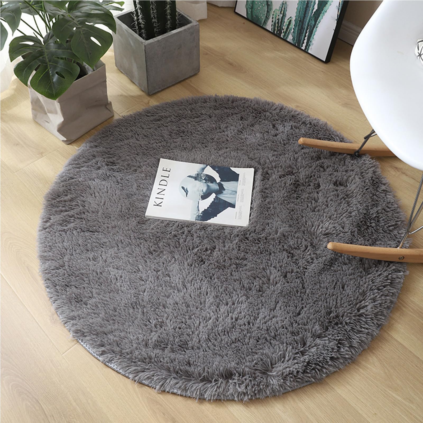 VellivarRound Rugs Living Room Grey Rug, 120x120cm Grey Rugs for Bedroom Fluffy Rug Thickened 4cm Faux Fur Rug, Soft Circle Rug Room Decor Anti Slip Round Rug 47x47in