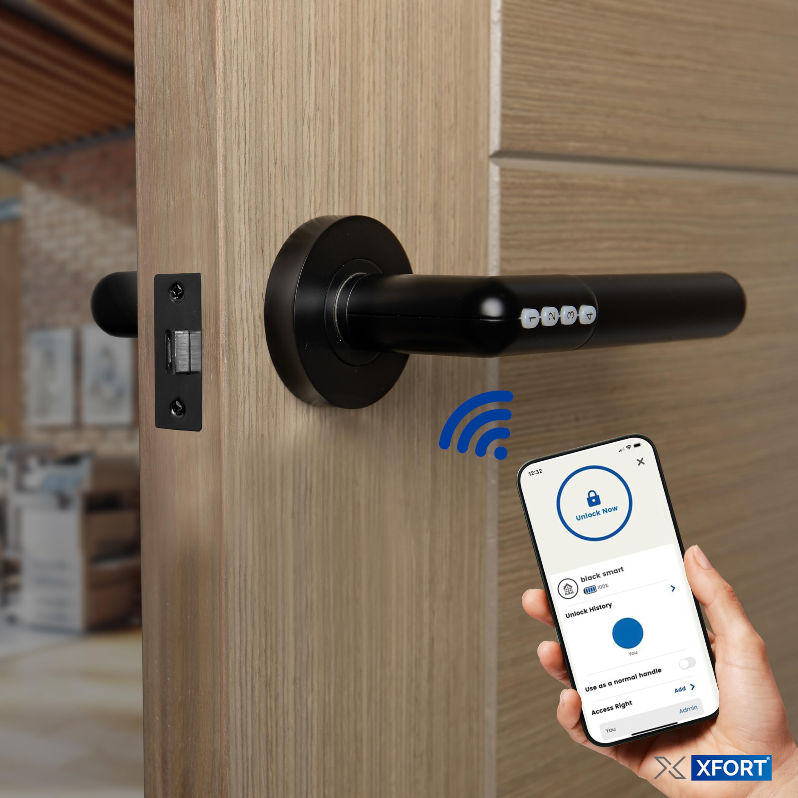 XFORT Smart Lock Door Handle, Stainless Steel in Black, Lever On Rose, Bluetooth Door Handle for Internal Wooden Doors - Image 2