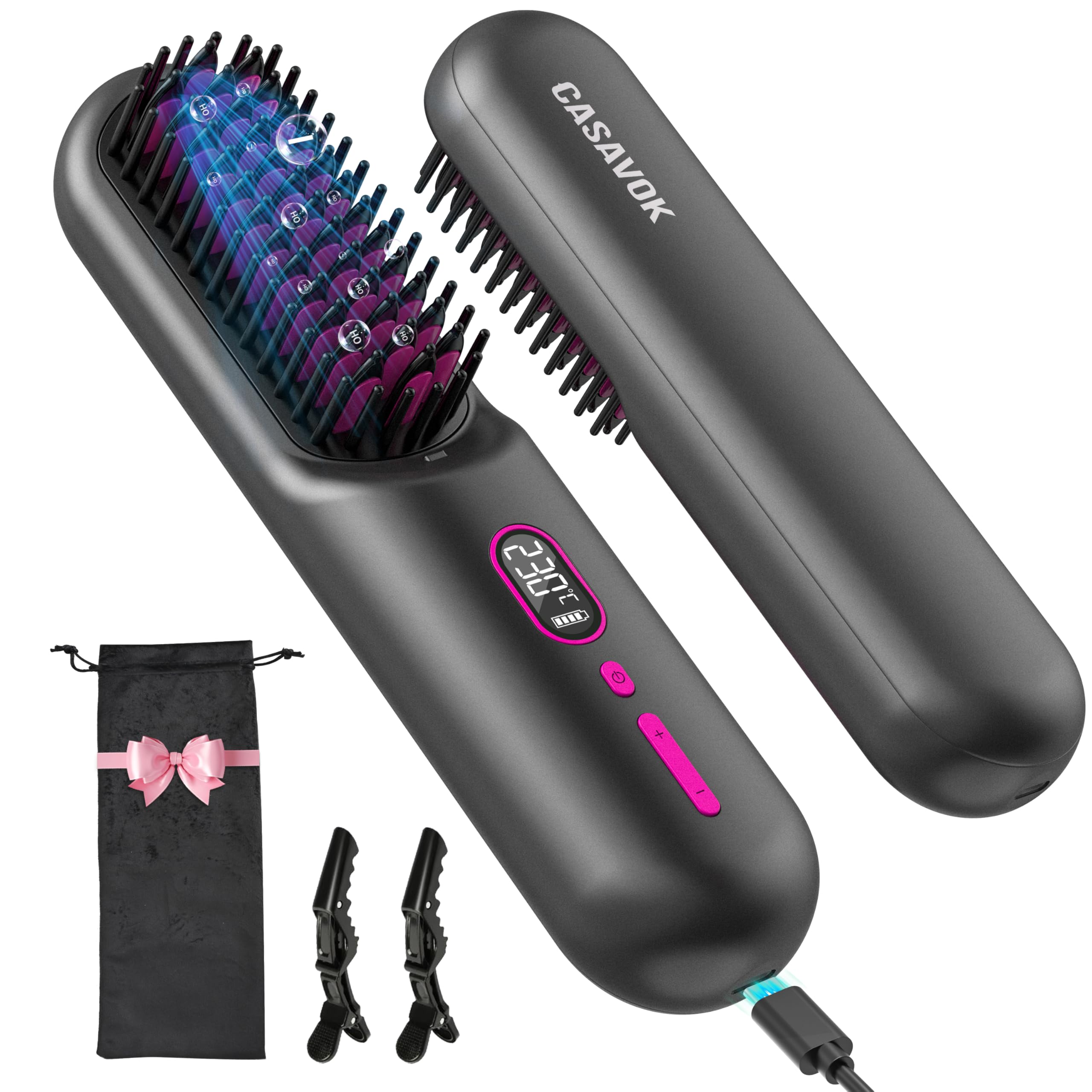 Cordless Hair Straightener Brush for Travel,Mini Hair Straightener Comb with Negative Ion,Portable hot Brush Hair Straightener for Women, Rechargeable 9600mAh Battery, Anti-Scald,12 Temp-Setting