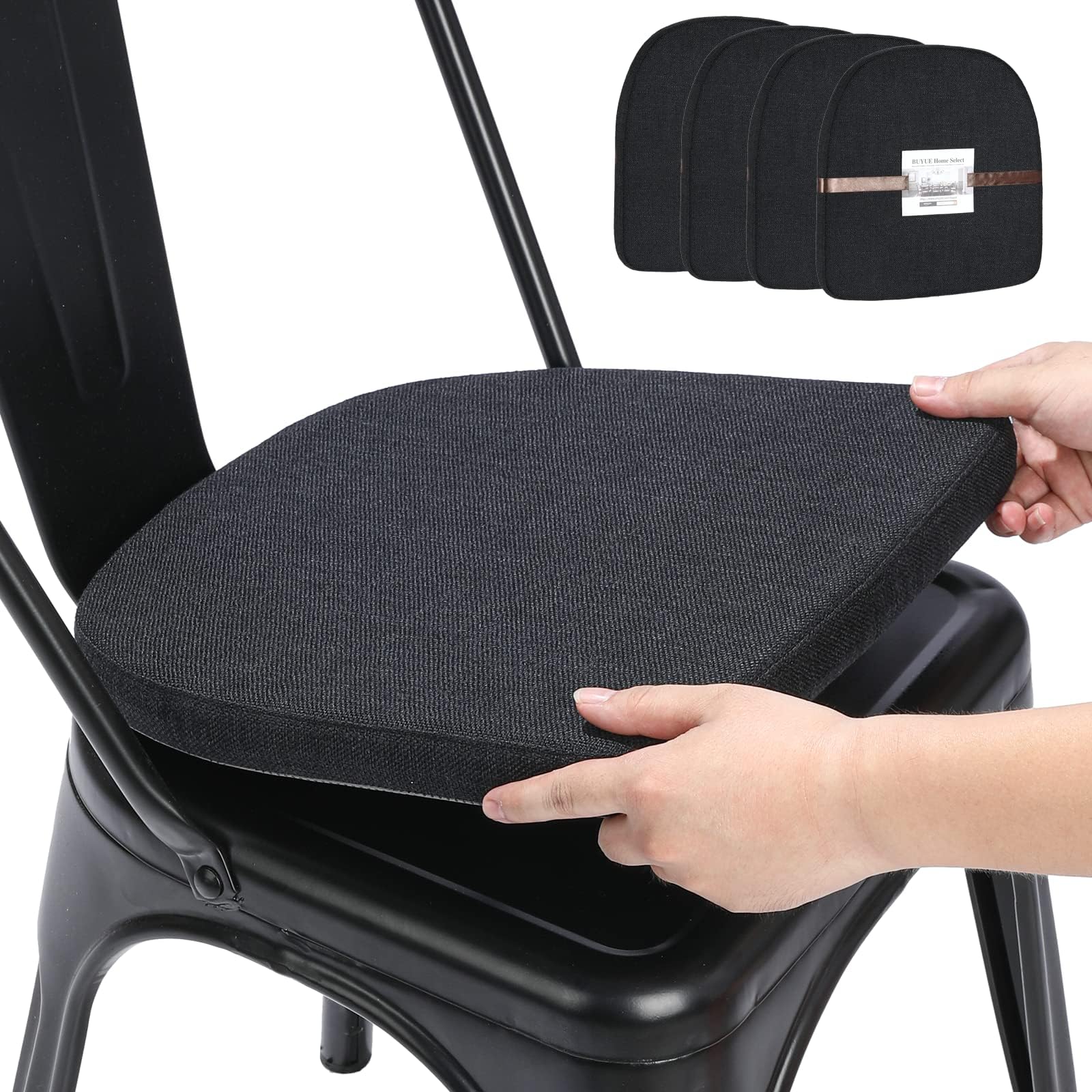 - BUYUE Friendly Woven Fabric 14x14 Magnetic Cushions for Metal Chair Set of 4, Enhanced Anti-Slip Seat Pads for Dining Kitchen Café Stackable Chairs (U-Shape, Black, 4 Counts)