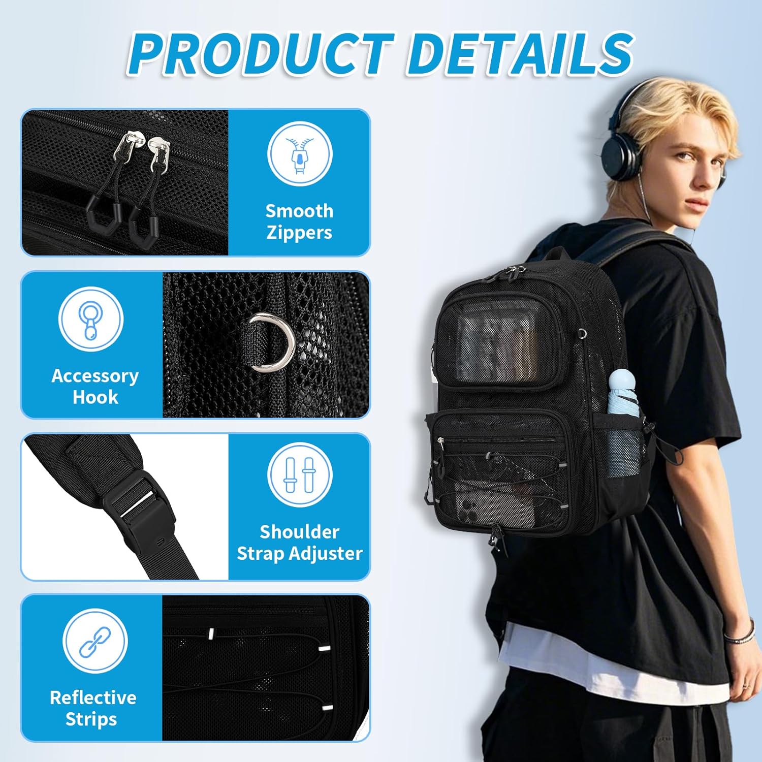 Mesh Backpack, Heavy Duty See Through Backpack Ultra-Lightweight Net Bookbag Breathable Transparent Bookbag for School Beach Sports Gym Travel, Black - Image 5