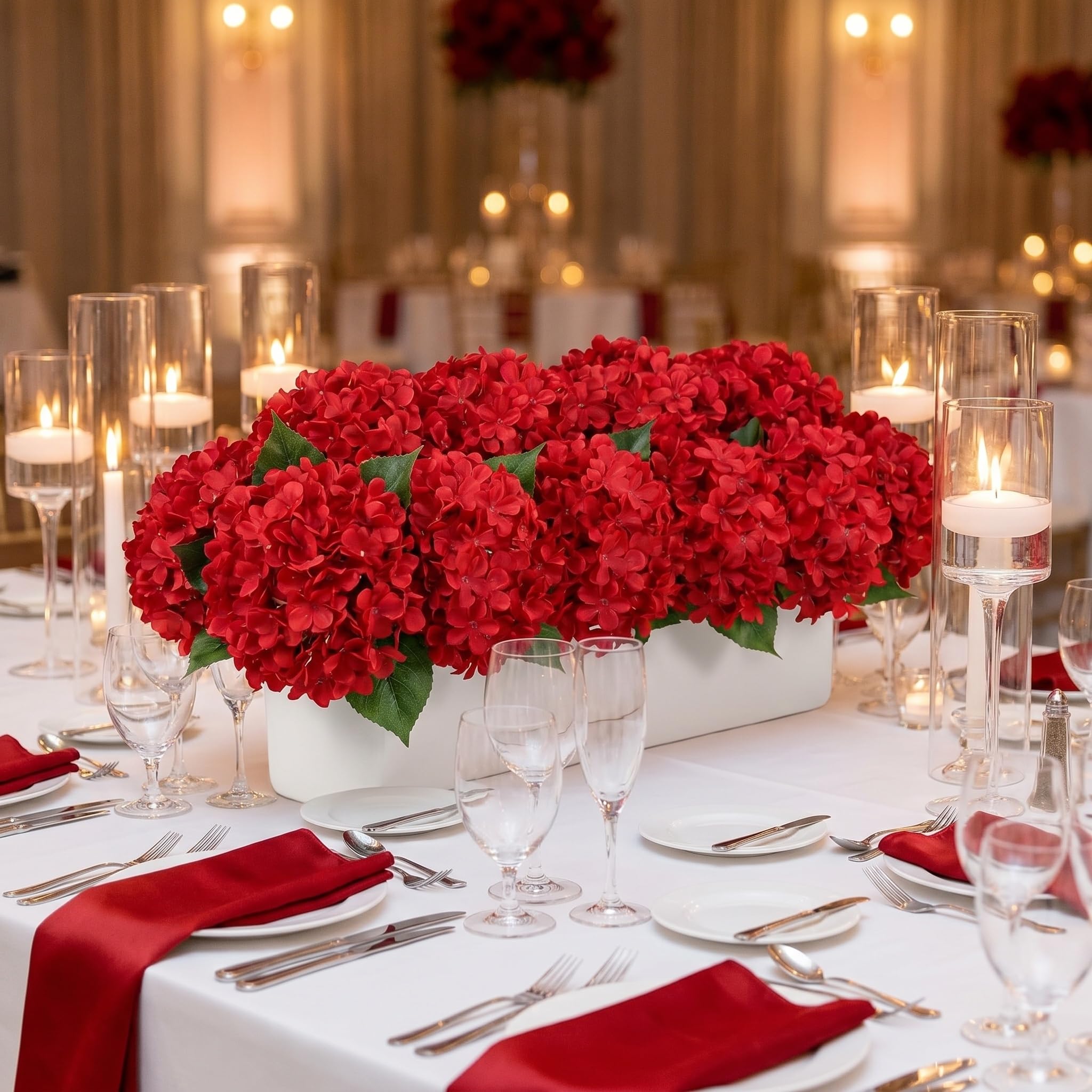 20 Fiori Artificiali di Ortensia Rossa da 22 Pollici per Decorazioni Domestiche, Centrotavola per Matrimoni, Feste di Compleanno - Composizioni Floreali Artificiali con Steli Blue