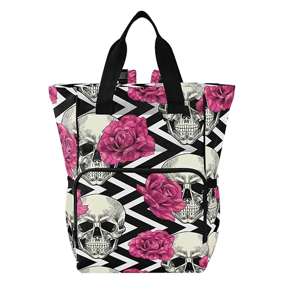senya Diaper Bag Backpack, Skull with Flowers Multifunction Travel Bag for Moms Dads, Skull With Flowers, One Size, Compact