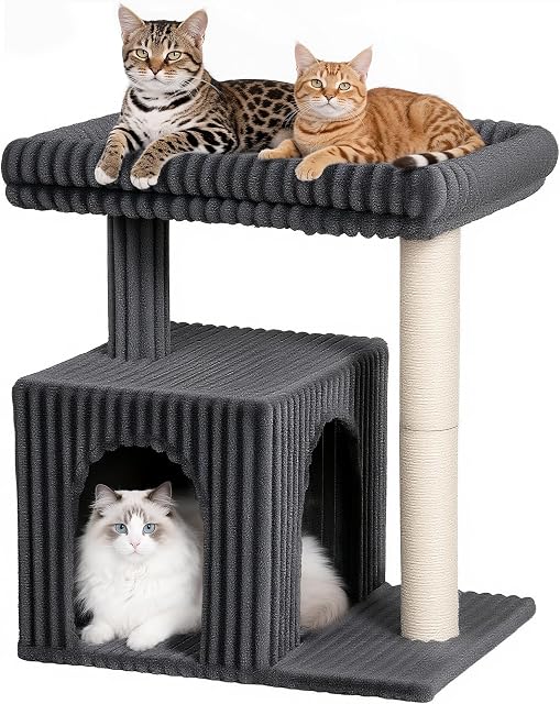 22.8" Cat Tree for Large Cat, 20.9 * 15.7in Large Perch Dark Gray | Cat Tree Tower with Scratching Post, 2-door Cat Condo for Indoor Senior Cats, Removable Washable Perch Bed, Small Cat Tree