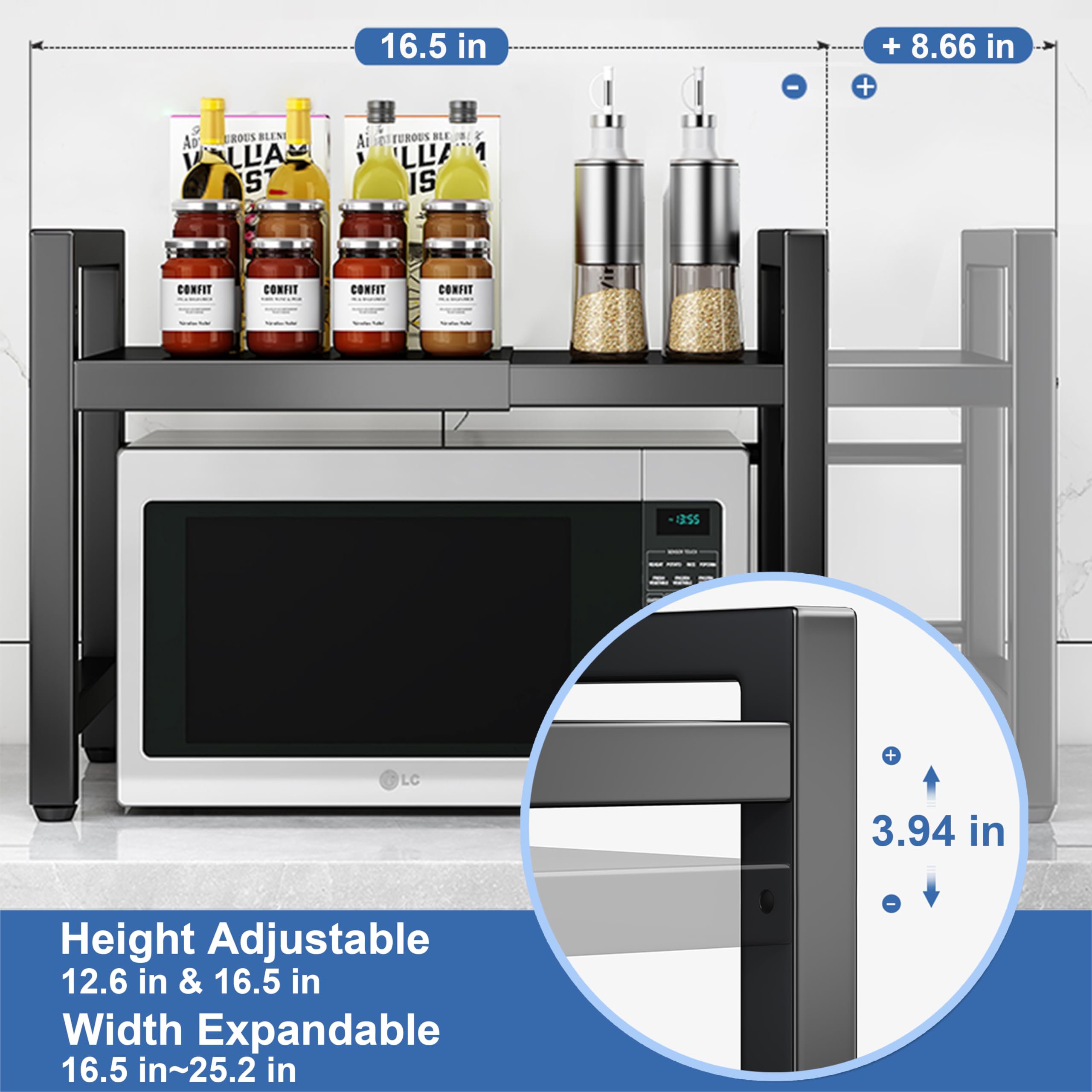 Wivico Mensola Microonde Estensibile con 6 Ganci Regolabili - Scaffale Multiuso per Cucina, Supporto Microonde + Tagliere da Cucina Integrale, Secchio per Raccogliere (Nero)