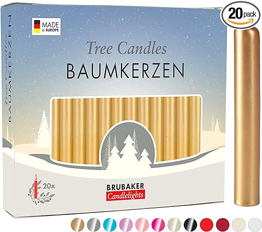 Tree Candles - Pack of 20 - Golden - 3¾ x ½ Inches (9.5 x 1.27cm) - Made in Europe - Pyramids, Carousels & Chimes