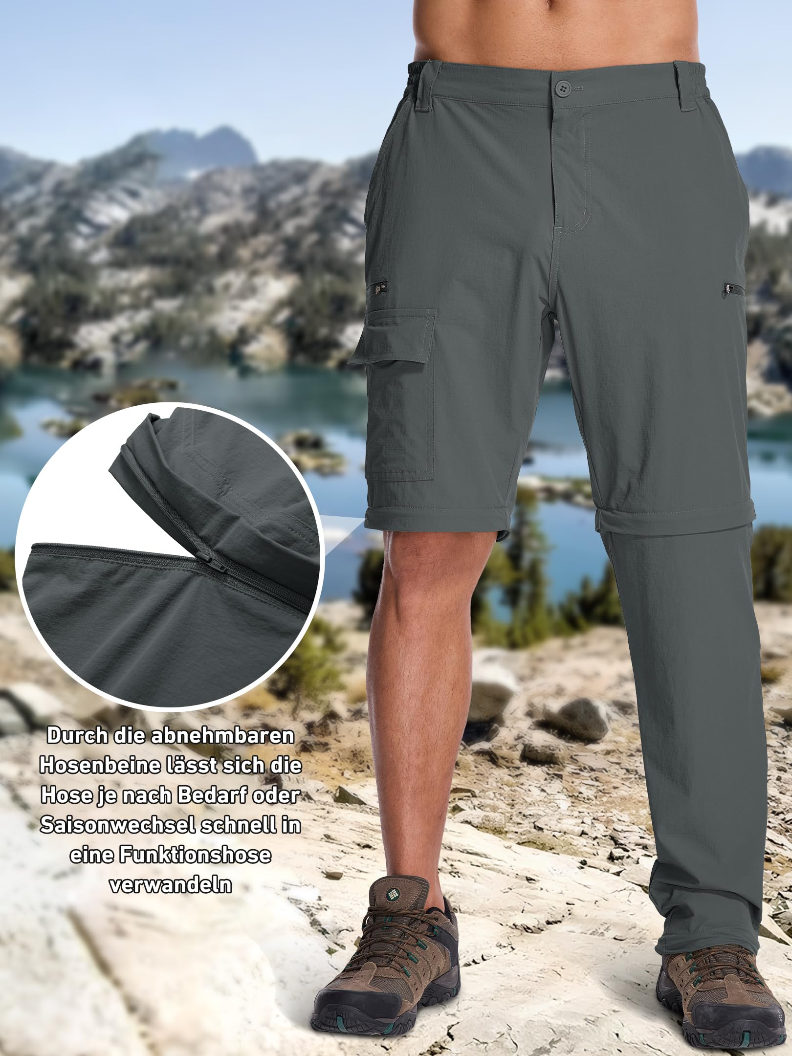Pantaloni Uomo Convertibili, Pantaloni da Trekking Estivi Leggeri Traspiranti Asciugatura Rapida con Zip-off, Cargo 6 Tasche per Escursionismo, Ciclismo, Viaggio, Campeggio