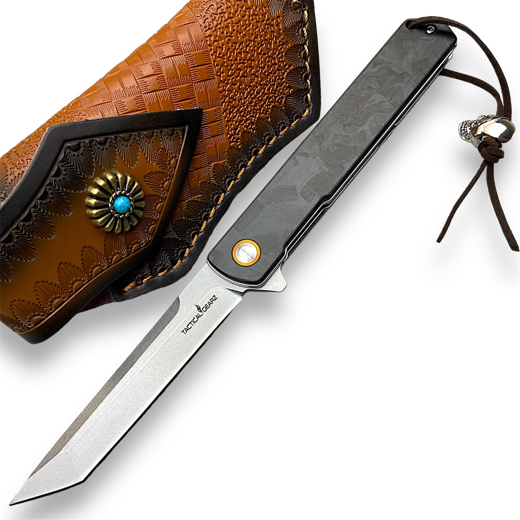 TACTICAL GEARZ EDC Pocket Folding Knife, Carbon Fiber Handle, D2 Steel Blade, Includes Sheath (Virgo CX Beast Bundle)
