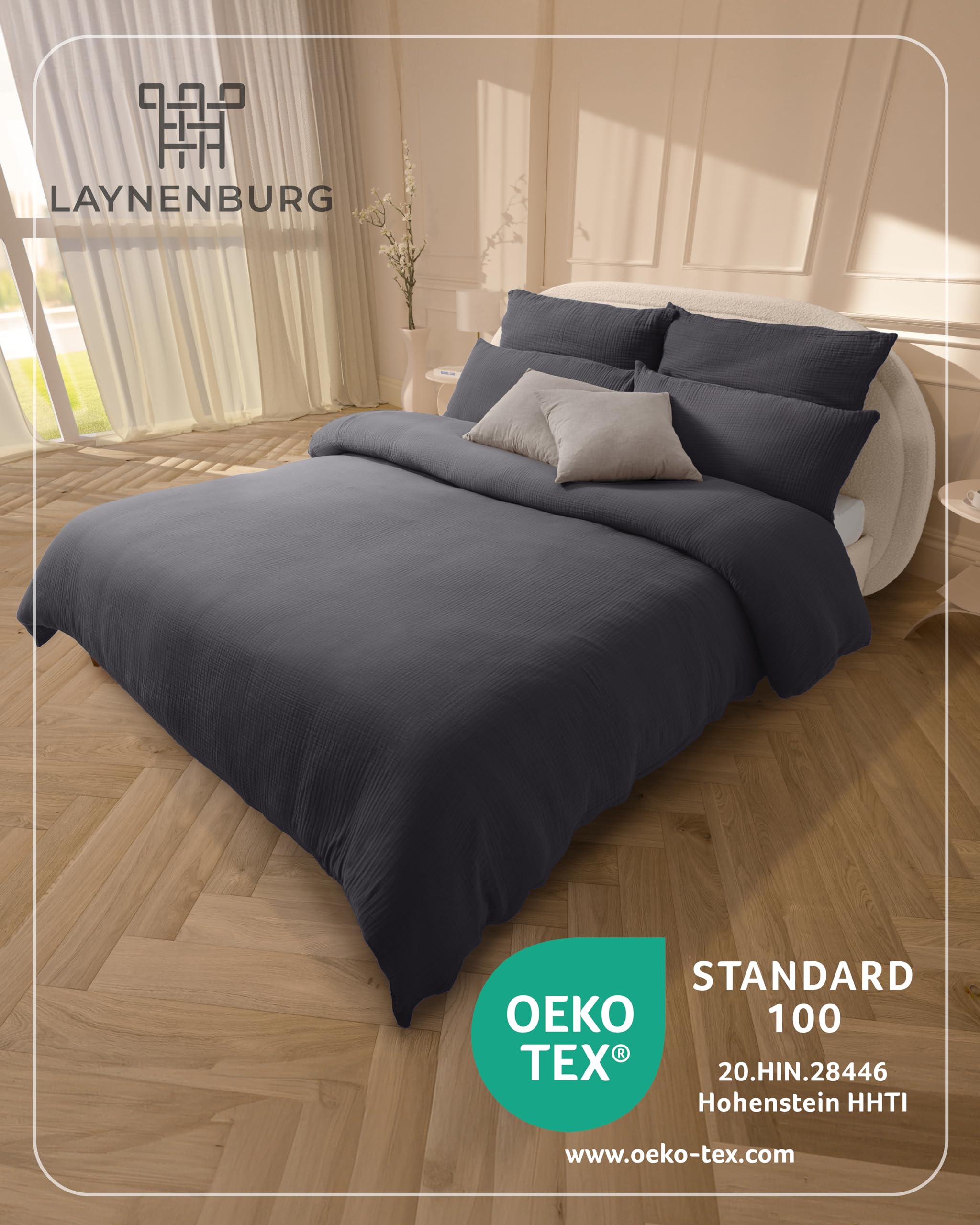 LAYNENBURG Musselin Bettwäsche 135x200 cm + 80x80 cm - Oeko-Tex – 100% Baumwolle – atmungsaktiv & bügelfrei – 2 lagiges Musselin mit Reißverschluss & Haltebändern (anthrazit)