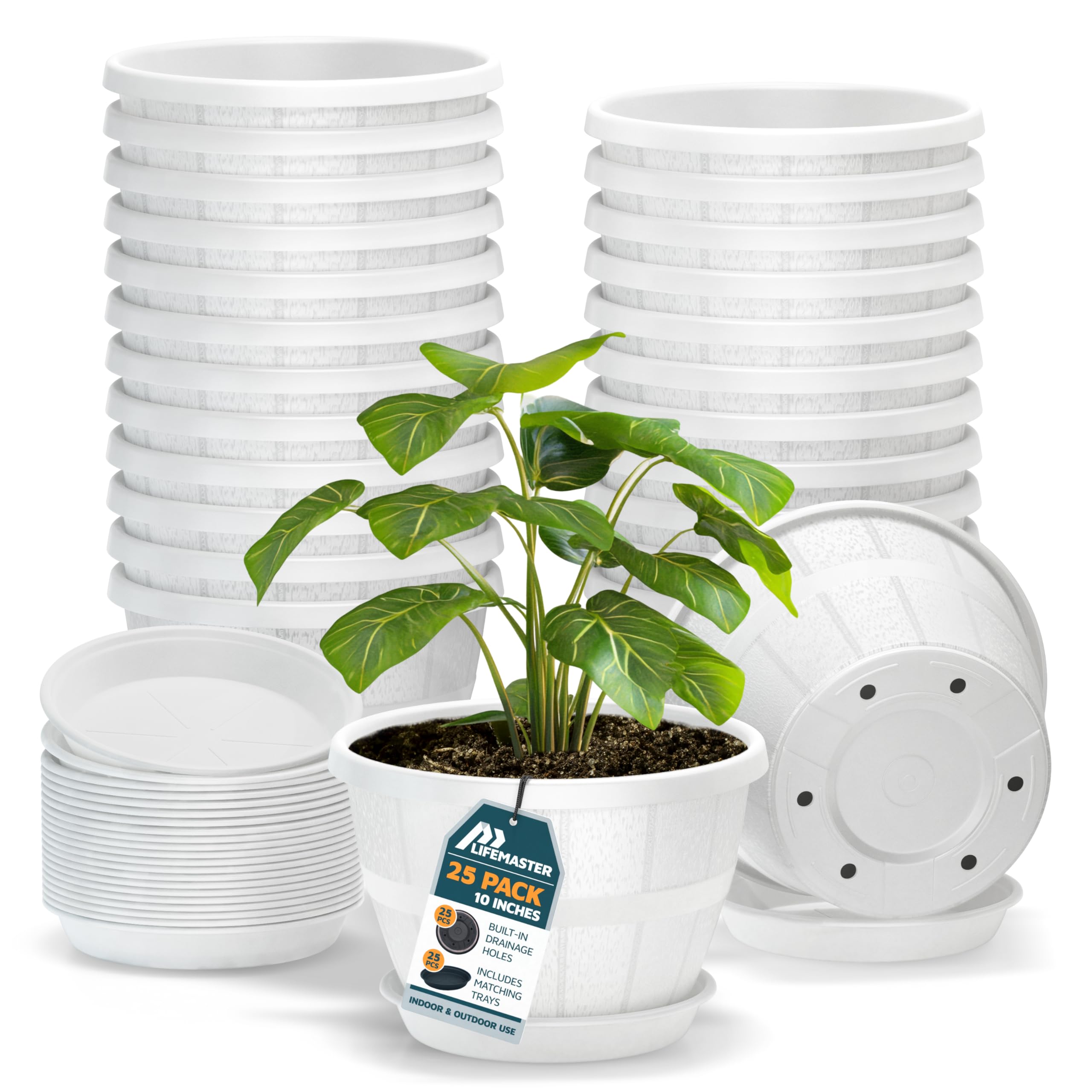 10-Inch Whiskey Barrel Planters Outdoor Pack of 25 - Durable Plastic Plant Pots for Indoor & Outdoor Use with Drainage & Saucer, Lightweight Rustic