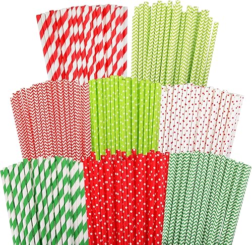 500 pajitas de papel de Navidad, 8 estilos, desechables, rojo y verde, rayas cheurón, bicolor, rayas, lunares, mezcla de pajitas para suministros de