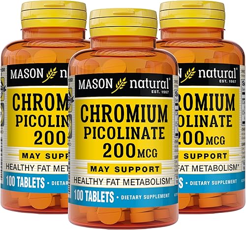 Mason Natural Picolinato de cromo 200 mcg con calcio, metabolismo saludable, para la salud general, 100 tabletas (paquete de 3)