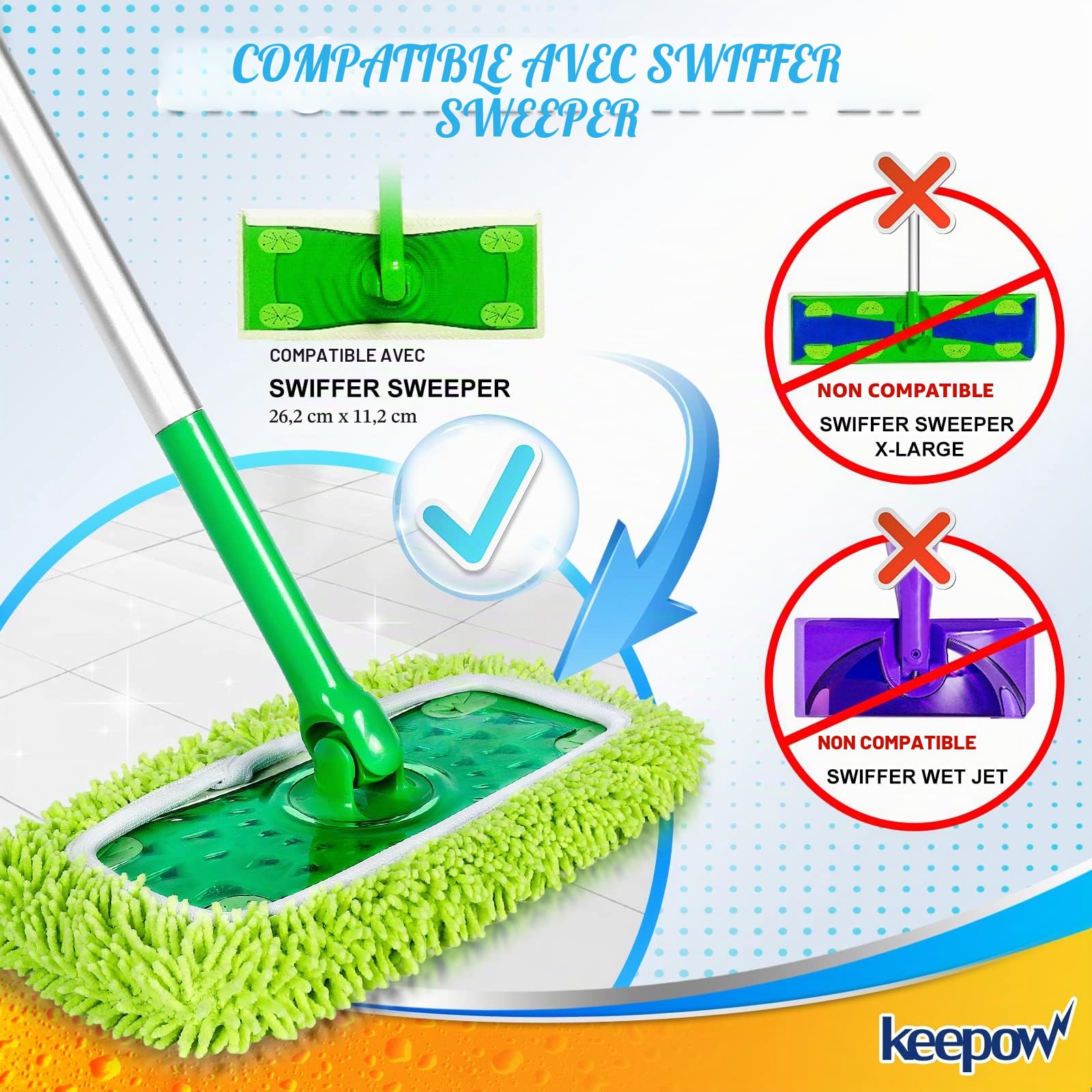 KEEPOW 4 Pcs Chiffons Réutilisables Compatibles avec Swiffer Balai, Lavables et Durables, Microfibres pour Swiffer Sweeper Mop, à Usage Sec et Humide (avec sac à linge)