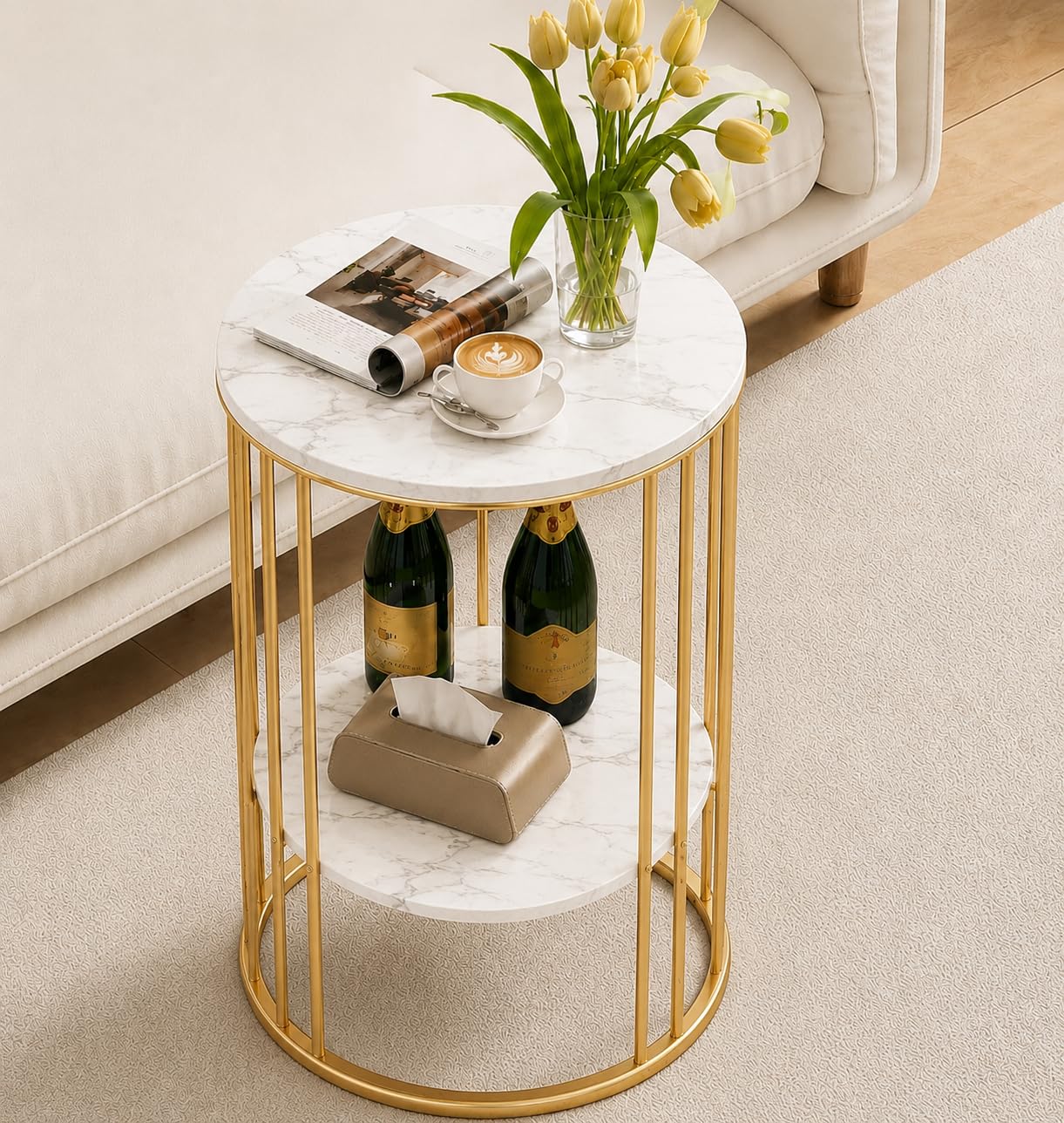 Small Round Circle End Tables (L 40 x B 40 x H 54 cm) with Faux Marble Top Bedside End Table Sintered Stone 2 Tier Design Nightstand for Home & Bed/Living Room Furniture(Gold White)-image-20