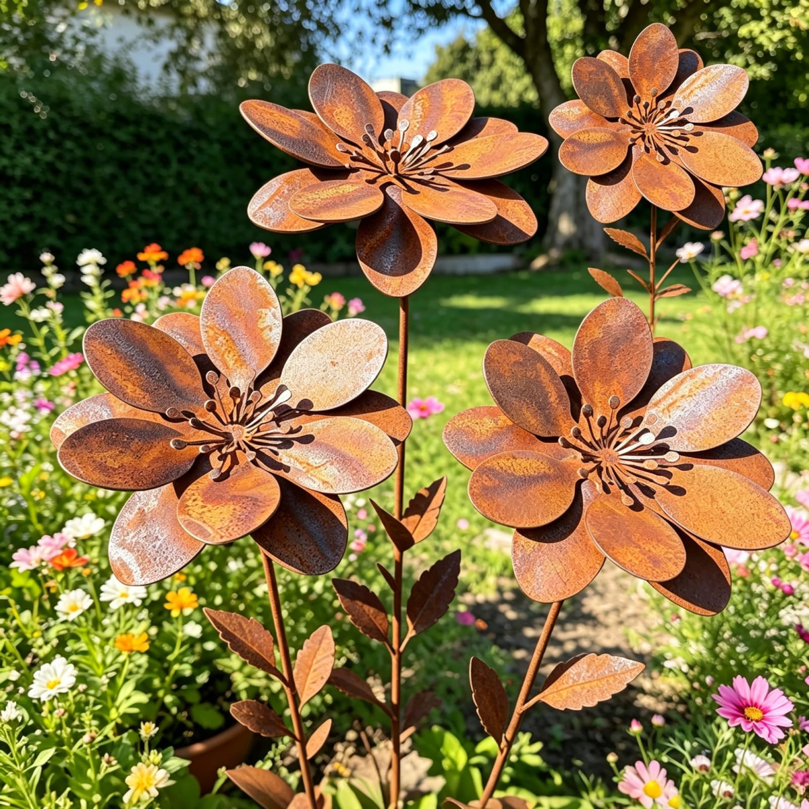 CLBDRESS Rustic Metal Coneflower Garden Stakes 14x4 Inch Vintage Rusty Cornflower Statues Stake Metal Artistic Wire Art Decor for Lawns Yards Patio Home Farmhouse Decoration