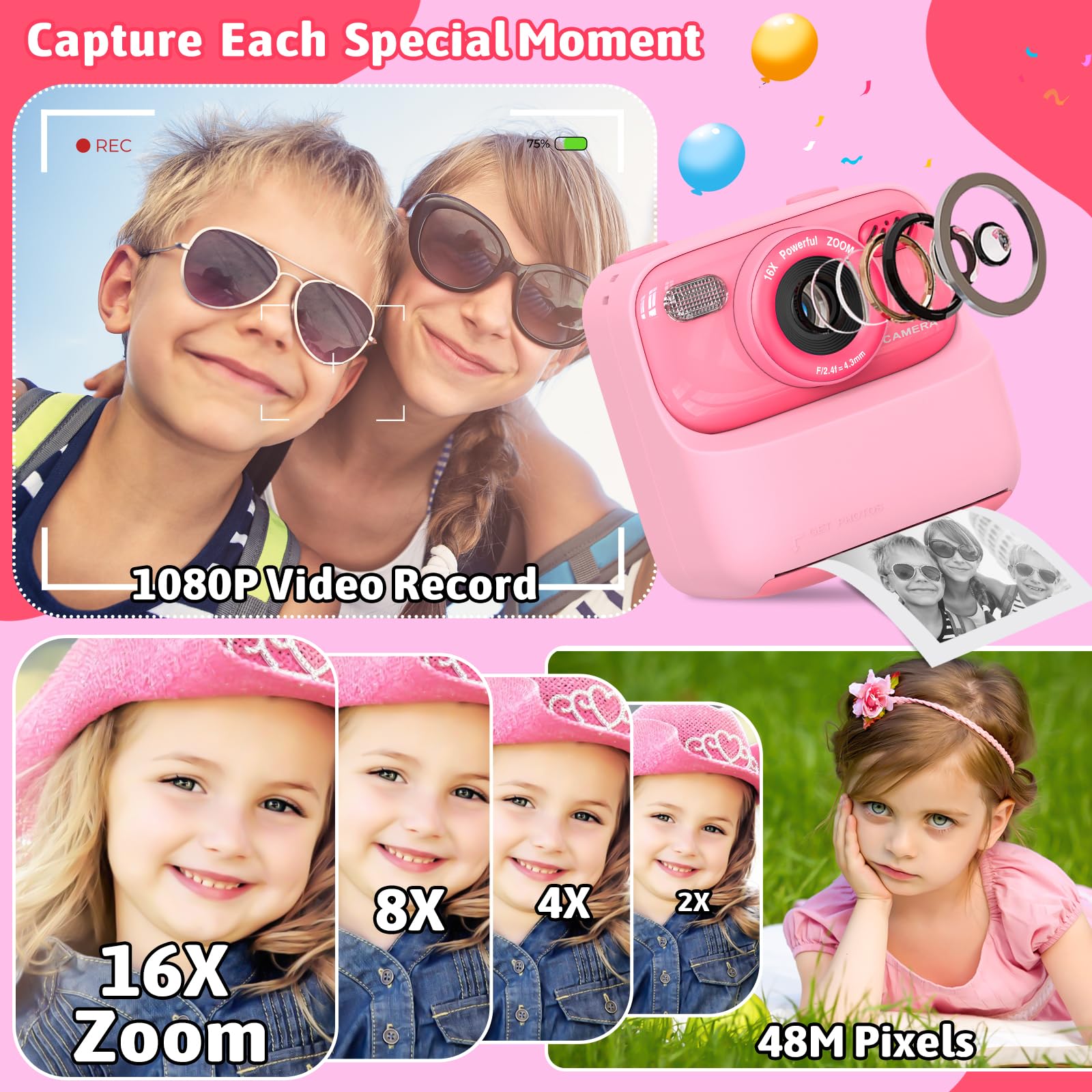 Sofortbildkamera Kinder, Digitalkamera für Mädchen Jungen, 1080P Kinderkamera Sofortbildkamera, Spielzeug | Geschenke für Kinder Alter 3-14 Jahre, mit 3Rollen Druck Fotopapier & 32GB Karte, Pink