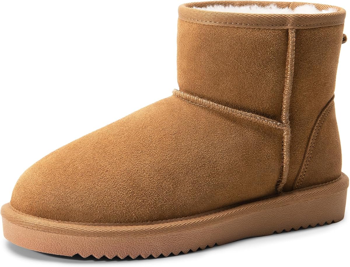 DREAM PAIRS Women's Winter Snow Boots Genuine Suede Faux Fur Lining Water Resistant Anti-Slip Warm Booties Slip On Memory Foam Comfort Ankle Boots FuzzyClassic Ⅱ