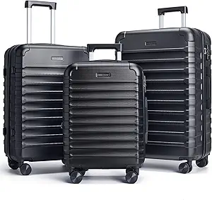 LIGHT FLIGHT Luggage Sets, 3 Piece Durable Suitcase Set with Spinner Wheels, 3 Pcs Hardside Lightweight luggage with TSA Lock, Large Checked Travel Suitcases, 20/24/28 Inch, Black