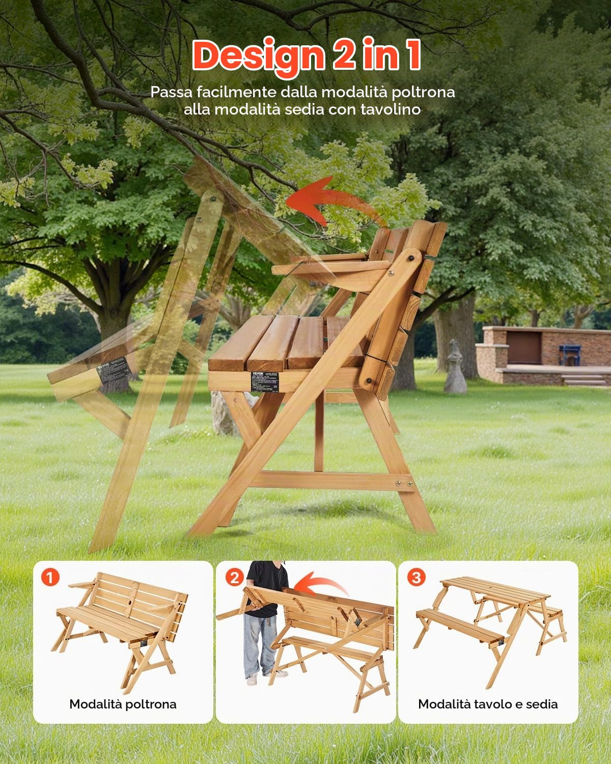 VEVOR Tavolo da Picnic Trasformabile Intercambiabile, Set Tavolo e Panca in Legno per Esterni, Panca Pieghevole Portatile con Foro per Ombrellone, Mobili da Pranzo per Patio per Giardino, Marrone
