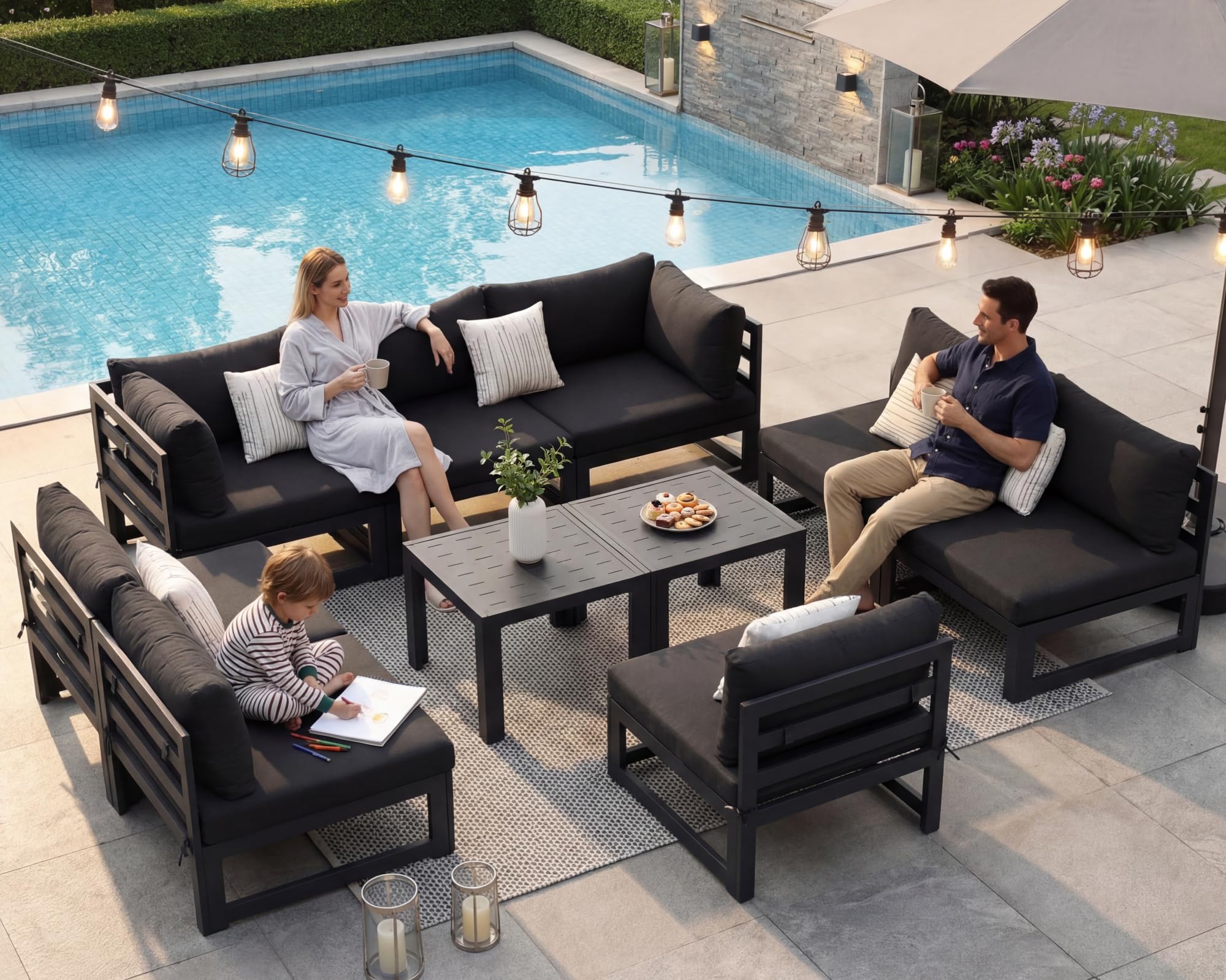 NICESOUL 10 Piece Oversized Modular Aluminum Outdoor Furniture Set, 29" Deep Wide Sectional Seating, 500 lbs High Weight Capacity Weather Resistant