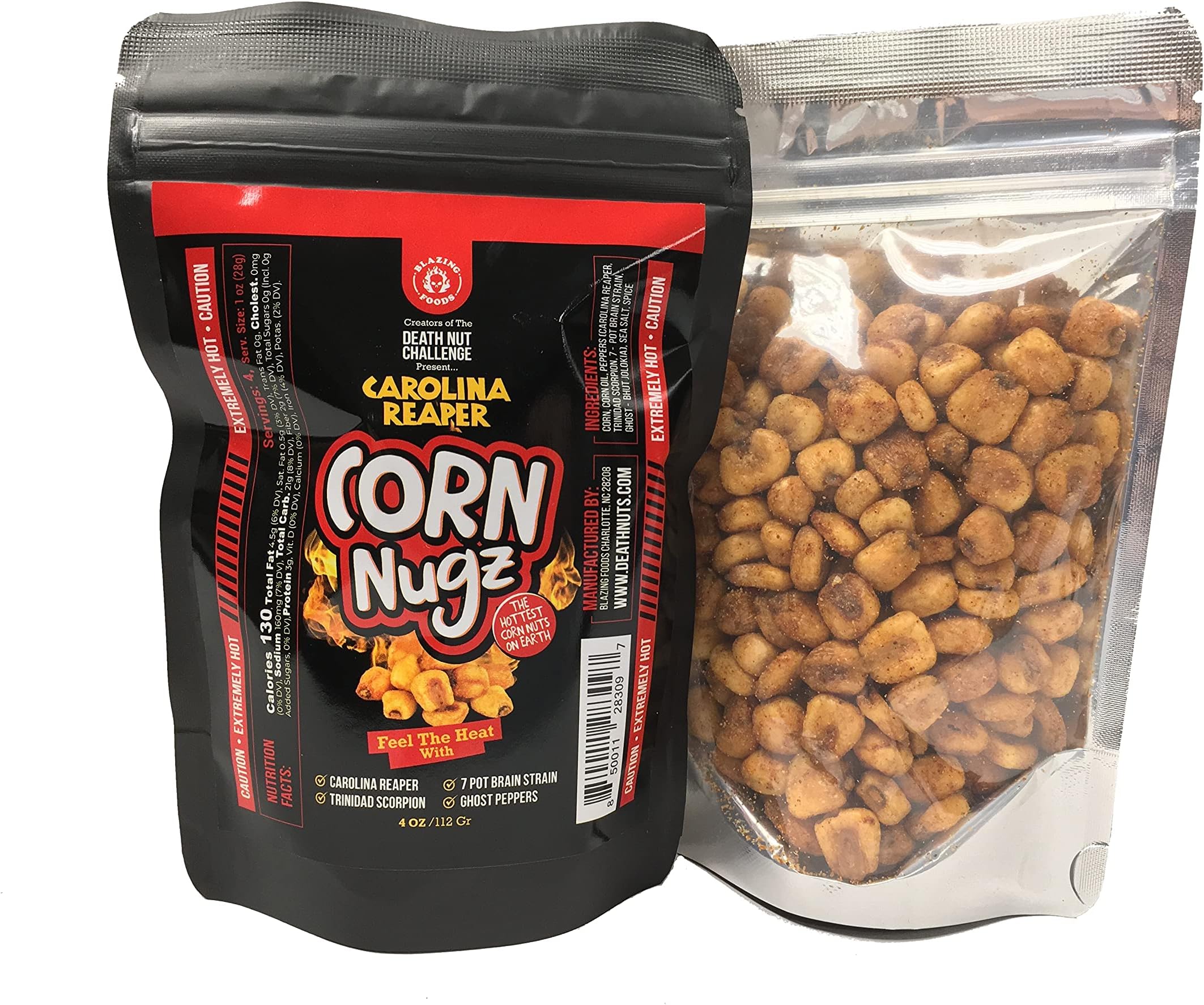 Carolina Reaper Corn Nugz - crunchy and savory toasted corn with a blast of heat from Carolina Reapers, Trinidad Moruga Scorpions, 7-Pot Brain Strain and the infamous Ghost Pepper! (4OZ)