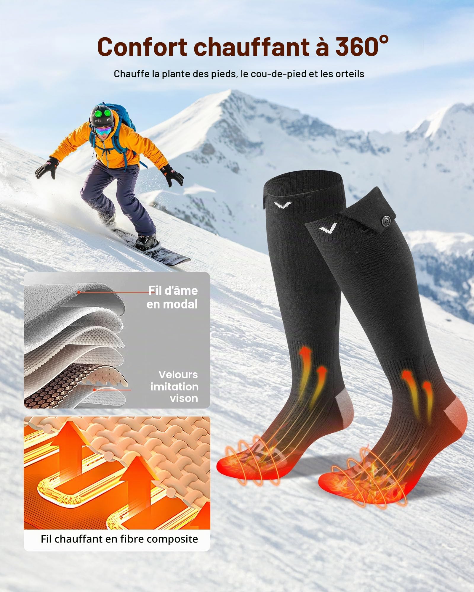 VEVOR Chaussettes Chauffantes Femme Homme à Batterie Rechargeables Électrique 5000 mAh, 4 Niveaux de Chauffage, pour Sports Hiver, Ski, Pêche sur Glace, Randonnée, Travail en Extérieur, Taille Unique