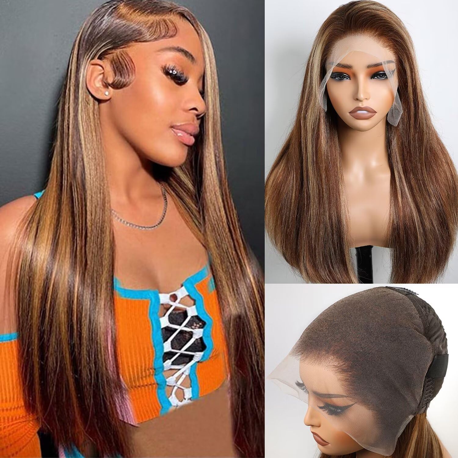 Lemoda Full 13x6 Highlight Straight Lace Frontal Human Hair Wigs 250% Density Medium-length Ombre P4/27 Piano Color Bob Wigs 15A 18Inch HD Transparent Lace Wig