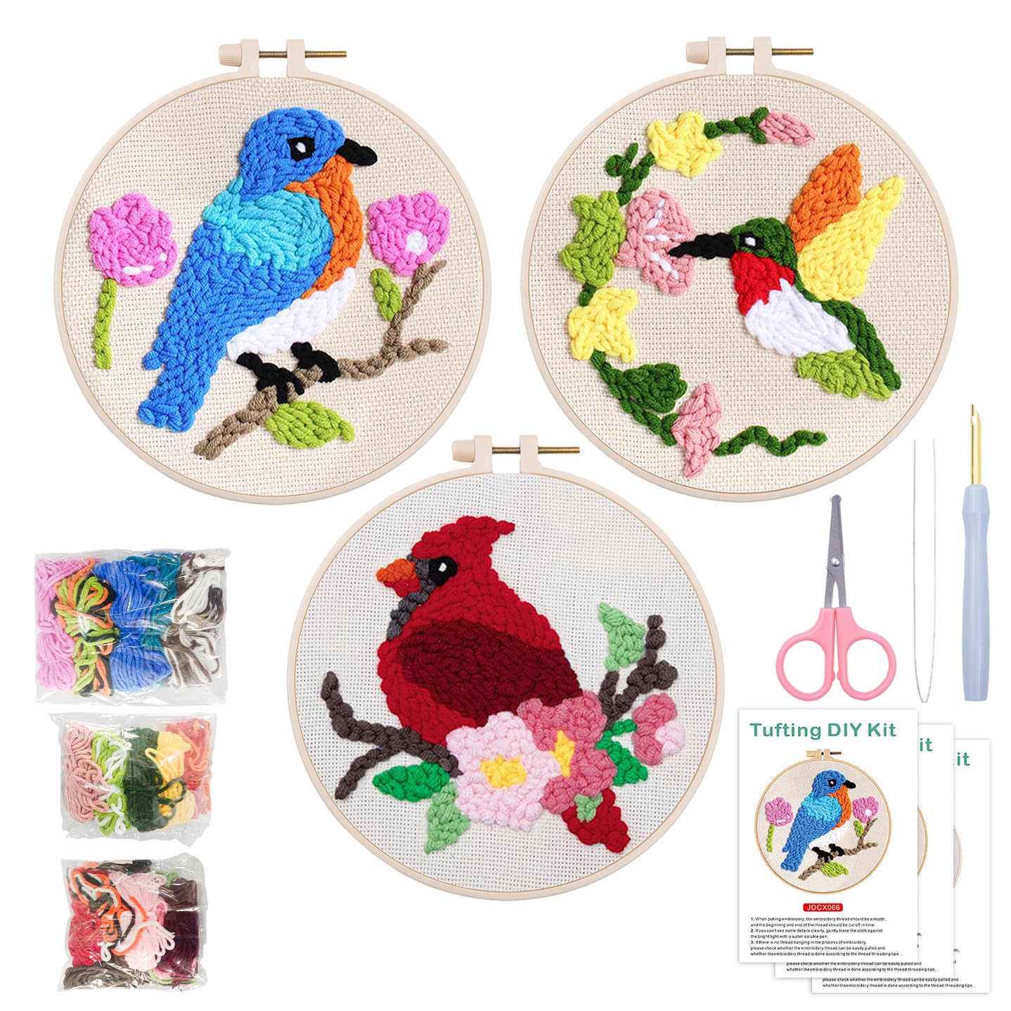 Louise Maelys 3 Sets Beginners Punch Needle kit,Embroidery Starter Kits for Adults,Rug Cross Stitch Tool Including Handle Pen-Cardinal and Hummingbird Pattern
