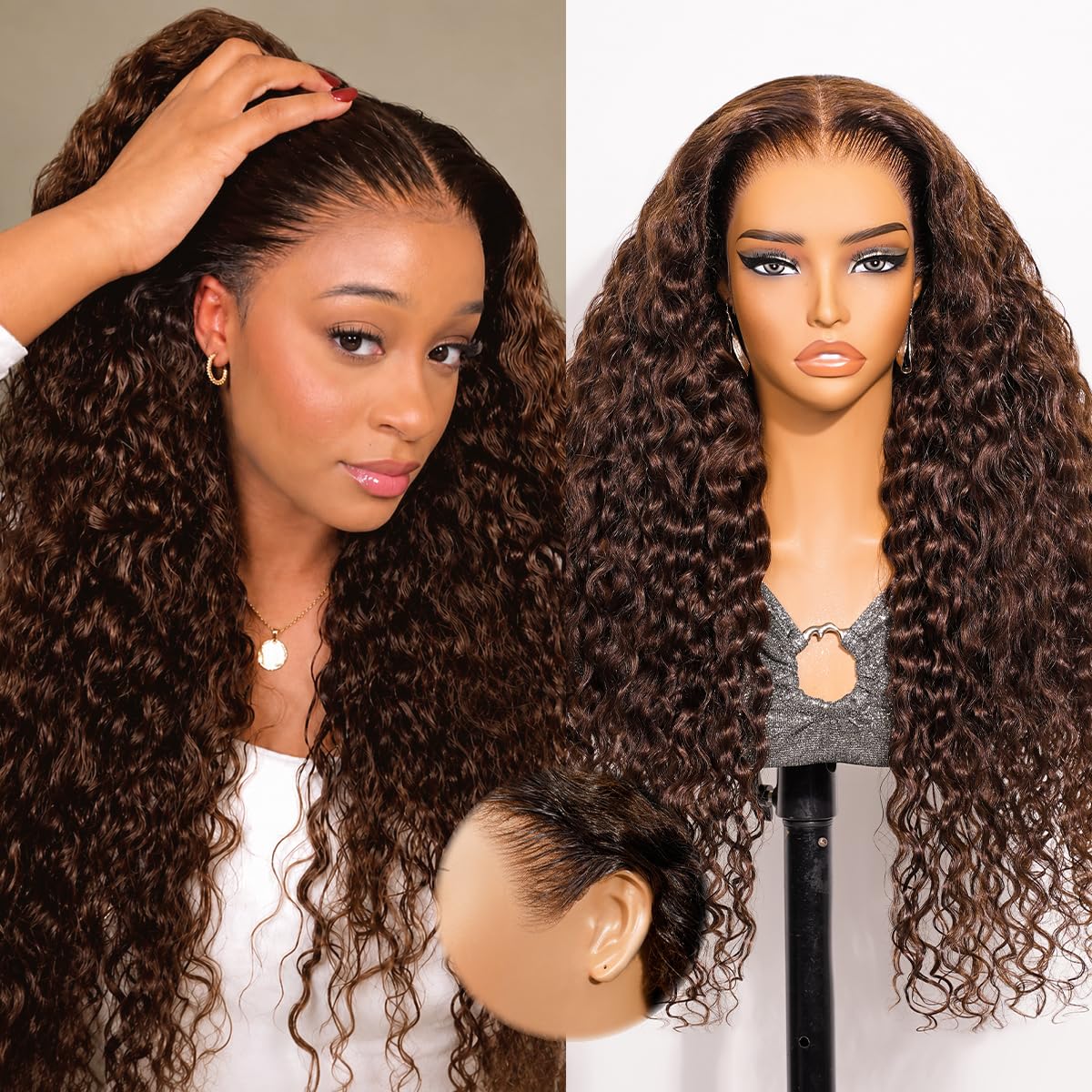 Arabella 13x6 Chocolate Brown Human Hair Wig 210% Density Deep Wave Lace Front Wigs Human Hair Pre Plucked with Natural Hairline Water Wave Glueless Curly Wigs