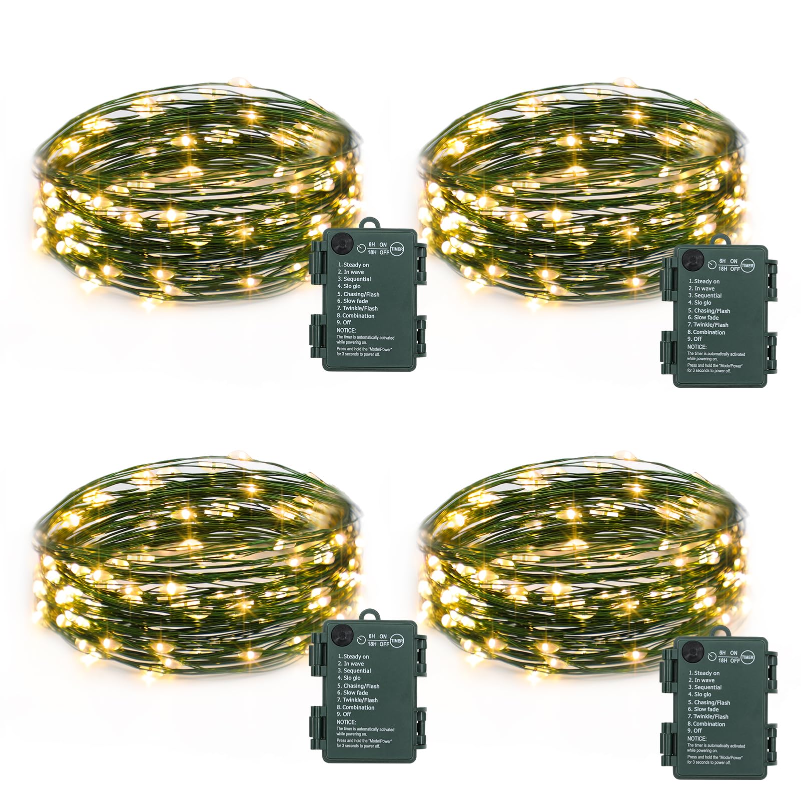 4 Pack Fairy Lights Battery Operated, 16.4 Ft 50 LED Starry Fairy Lights with Auto Timer Dark Green Copper Wire Twinkle Lights for Wedding Bedroom Christmas Decor (Warm White)
