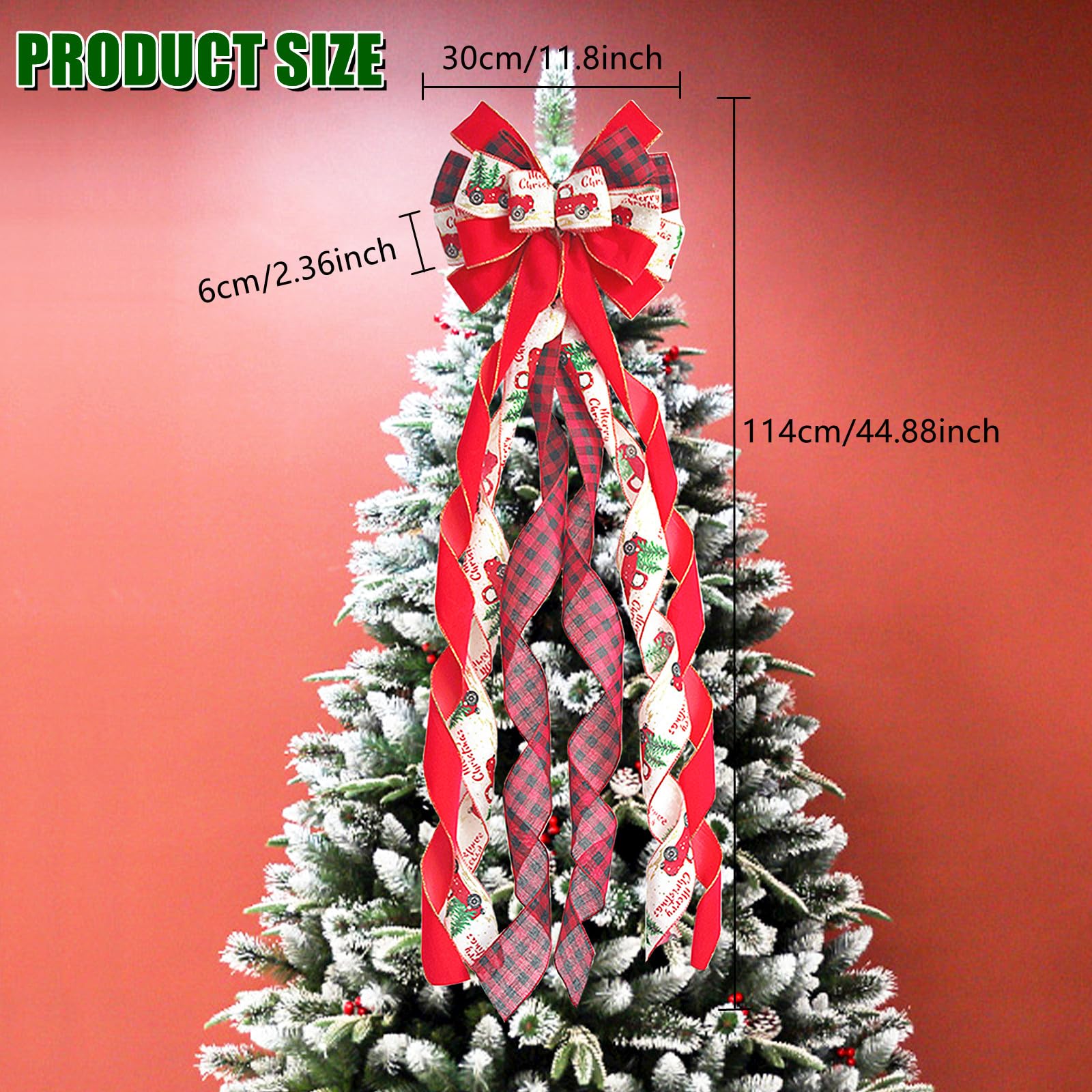 YankMooM Red Christmas Tree Topper Bow, 110 x 30cm Large Christmas Tree Bow for Christmas Tree Home Decoration - Image 2
