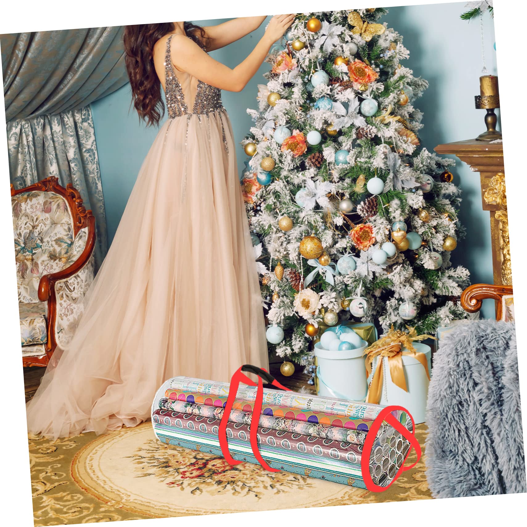 HOOTNEE Xmas Storage Organizer Bag Zippered Holiday Wrap Container for Decoration Paper Lightweight Wrap Storage for Closet Use