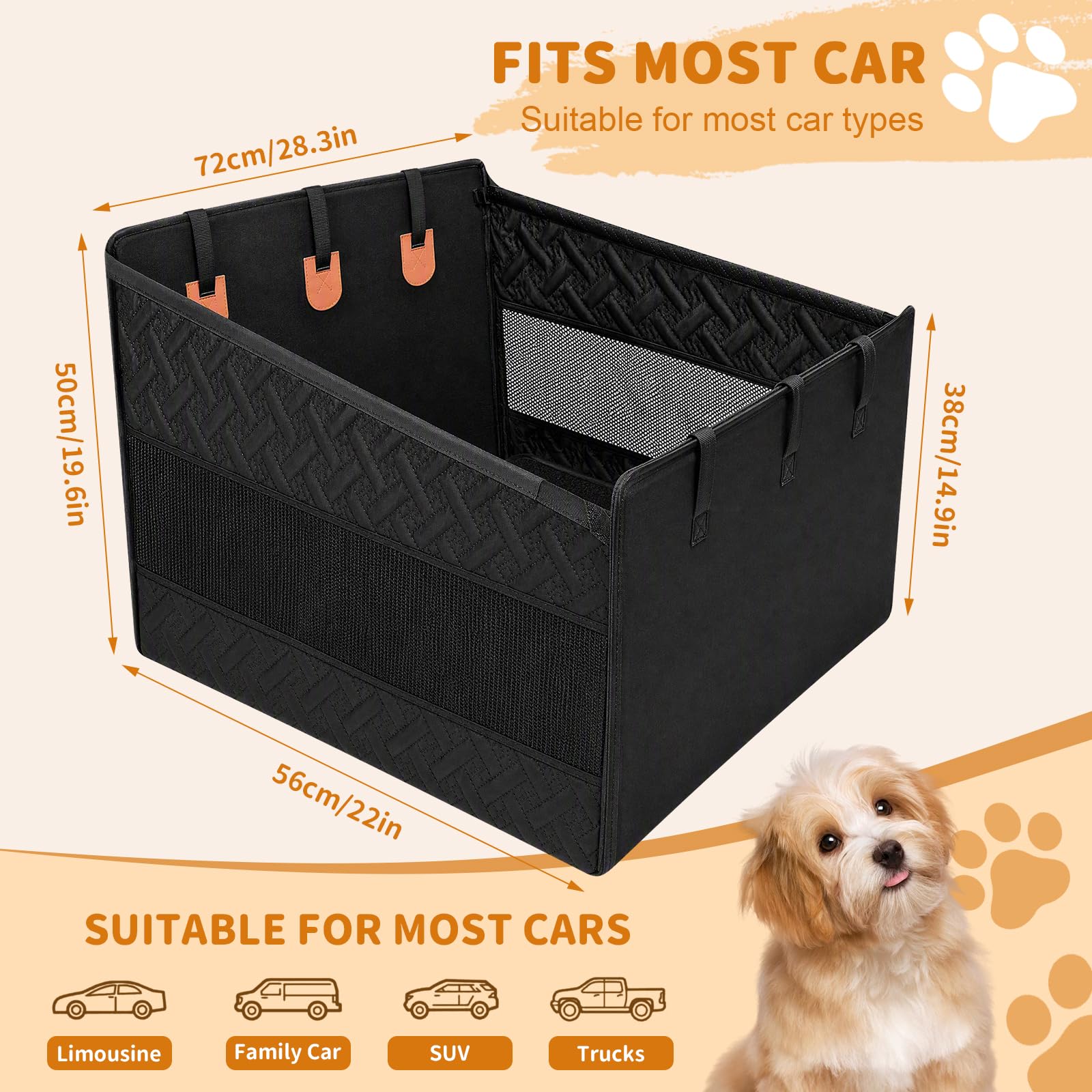 Siège Auto Chien, Siège Voiture Chien, Panier Voiture Chien – Extra Stable avec Fond Rigide Renforcé, Ceinture de Sécurité, Imperméable Oxford, pour Chiens Moyens et Grands Jusqu’à 50KG