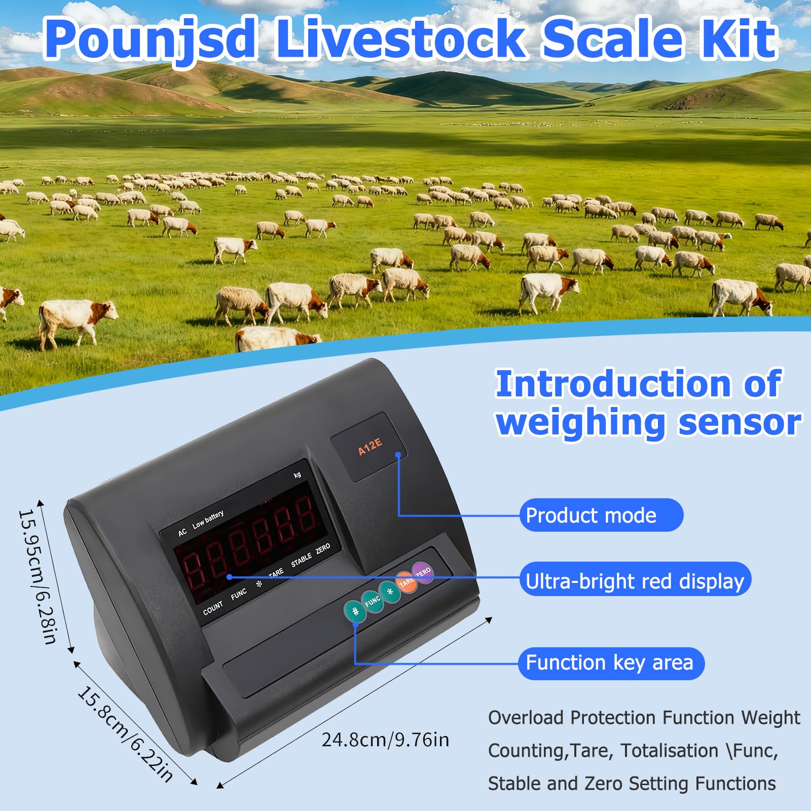 5000kg Kit de Balance pour bétail Industriel, Kit Balance Au Sol Haute Précision, cellule de charge à compression de poutre en acier, Pour Bovins, Moutons, Porcs, Chèvres, Chevaux