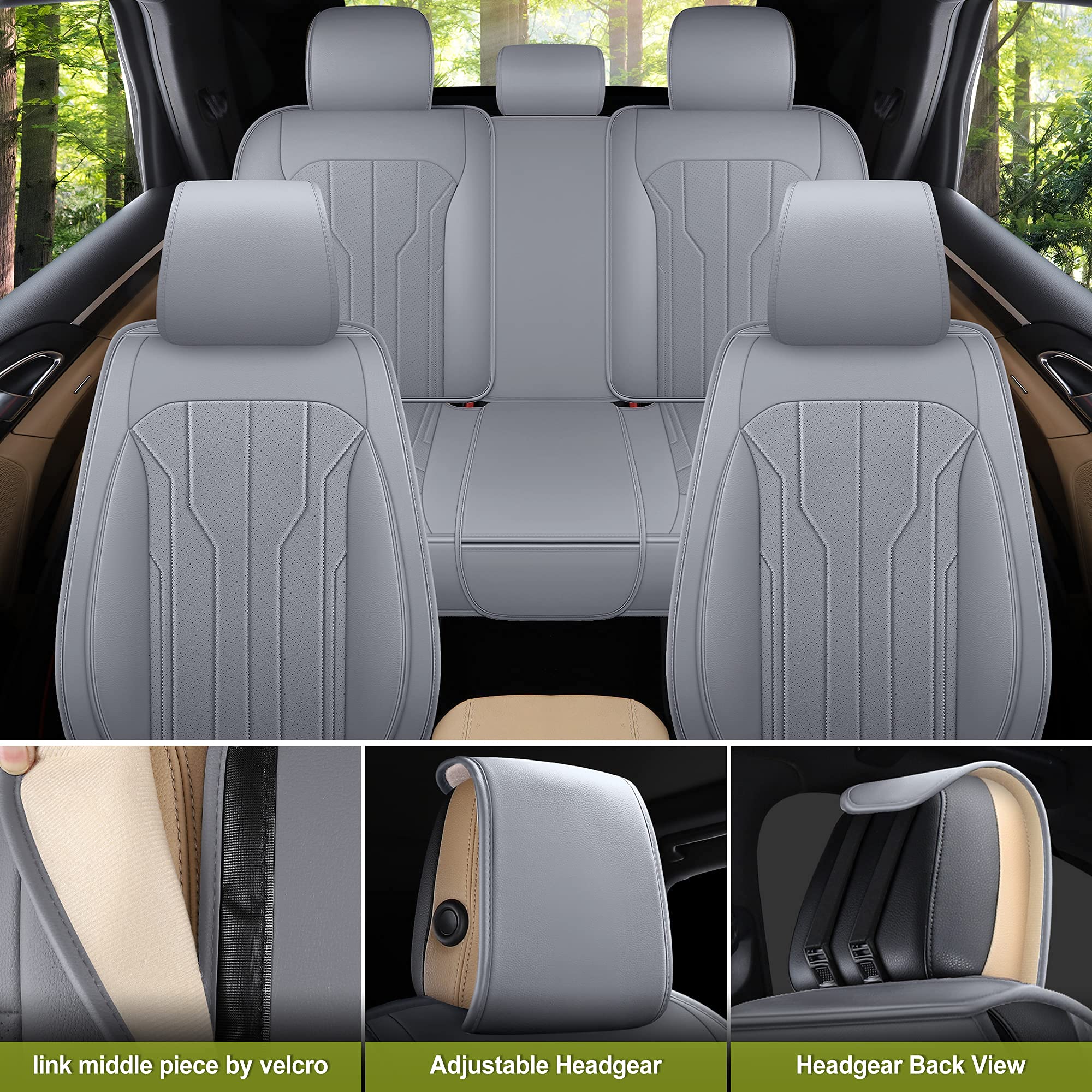AOOG Leather Car Seat Covers, Leatherette Automotive Seat Covers for Cars SUV Pick-up Truck, Non-Slip Vehicle Car Seat Covers Universal Fit Set for Auto Interior Accessories, Full Set, Gray