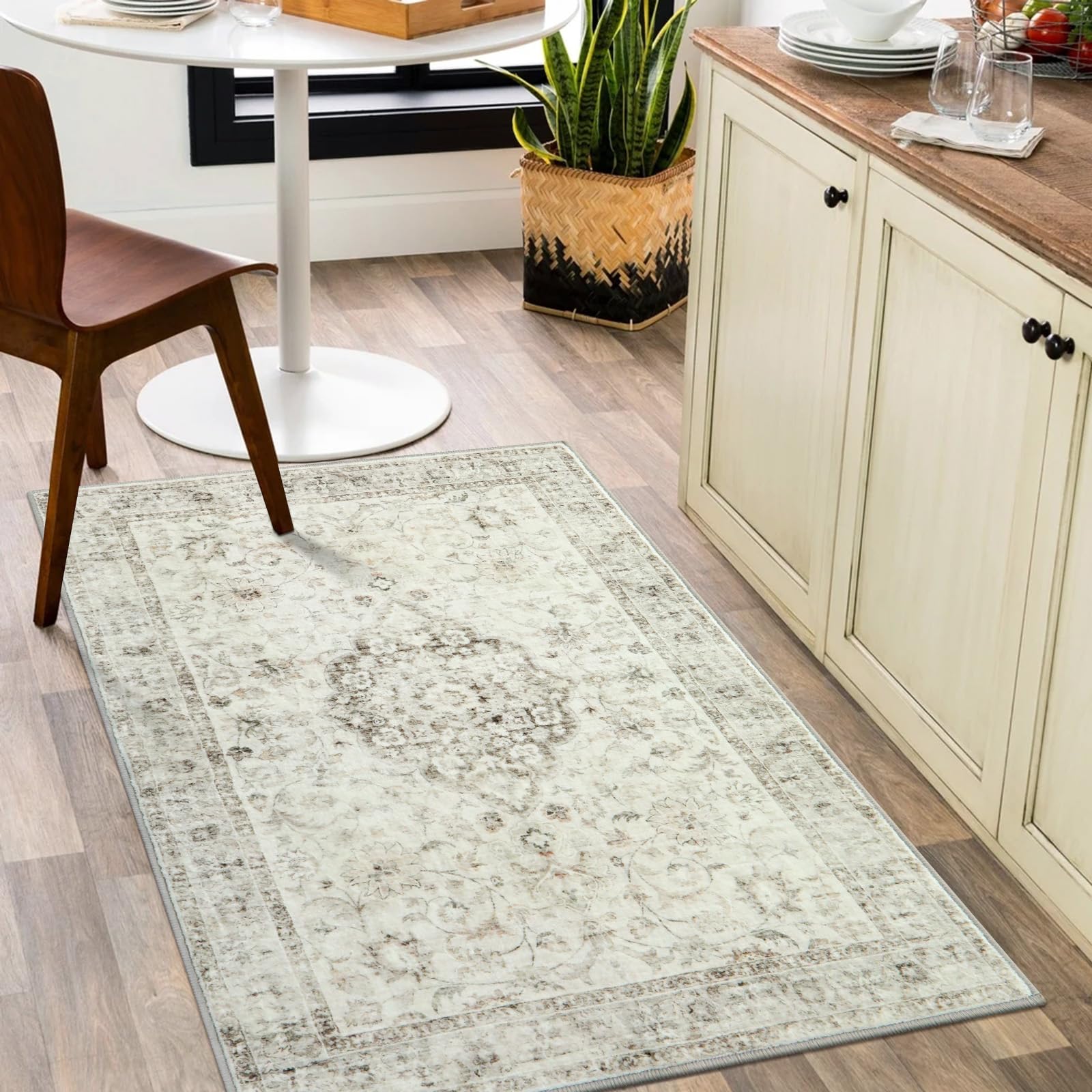 LIVEBOX Washable Rug 3x5 - Bohemian Area Rug for Kitchen Bedroom, Non-Slip Front Door Mat for Entryway, Antique Collection Area Rug for Laundry Room Foyer Camper RV, Taupe