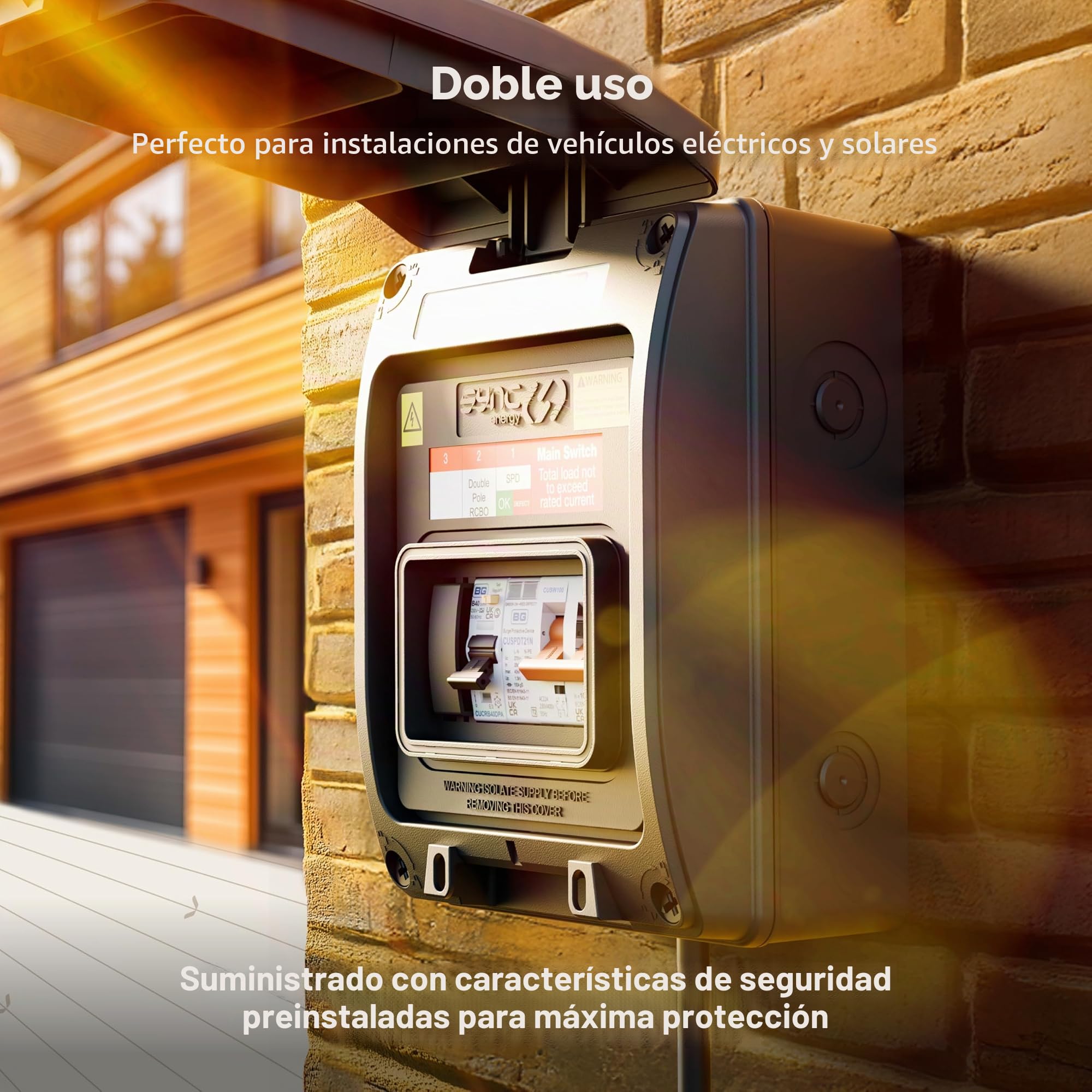 Unidad de consumo EV con interruptor principal de 100 A, 40 A, 30 mA, doble polo, bidireccional, RCBO tipo A y tipo 2 SPD, caja para vehículos eléctricos e híbridos, poblado, 5 módulos
