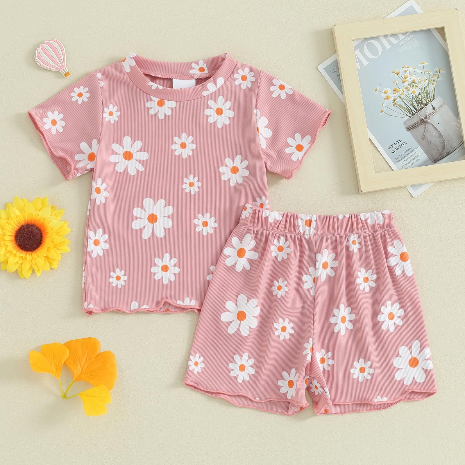XHDHQXL Toddler Baby Girl Summer Outfit Floral Print Crew Neck Short Sleeve T-Shirts Tops and Shorts 2Pcs Clothes Set, 18-24 Months, Pink