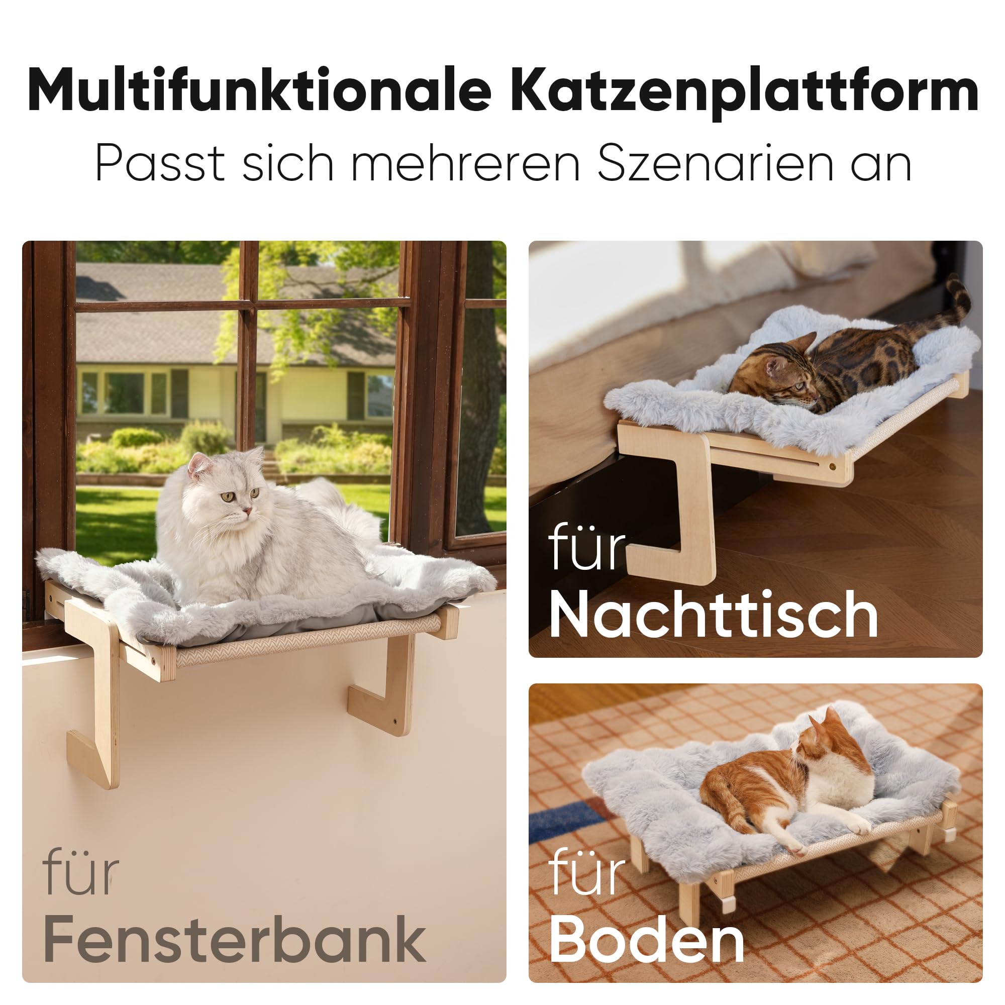 FUKUMARU Katzen Hängematte Fenster Katzenbett Fensterbank für Katzen, Fensterliege mit weichem Kissen, verstärkter Holz- und Metallstruktur, umbaubare Hängematte, Tragkraft bis 20 kg