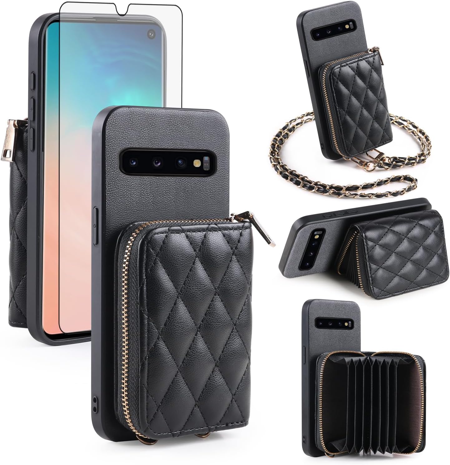 Argyle Wallet Cover for Samsung Galaxy S10 & Tempered Glass Screen Protector Shoulder Strap, PU Leather Zipper Organ Card Holder Stand Phone Case for S 10 Edge 10S GS10 X10 Women Girls Black