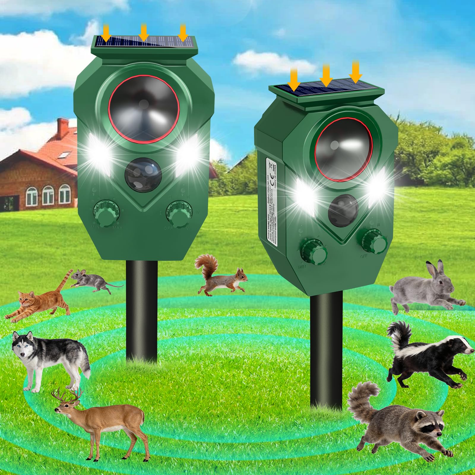 Lot de 2 répulsifs à ultrasons pour animaux d'extérieur avec capteur PIR et lumière clignotante pour écureuils, ratons laveurs, mouffettes, lapins et chiens, étanchéité IP65